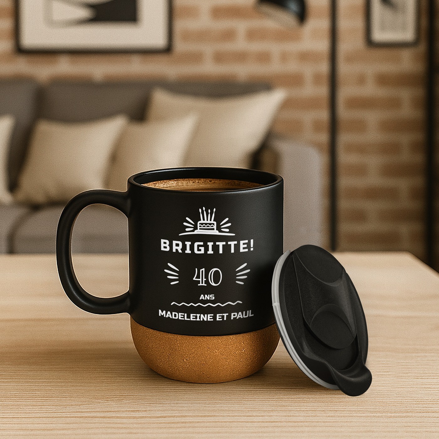 Murrano Black Ceramic Mug with Lid and Personalized Print for Woman's 40th Birthday