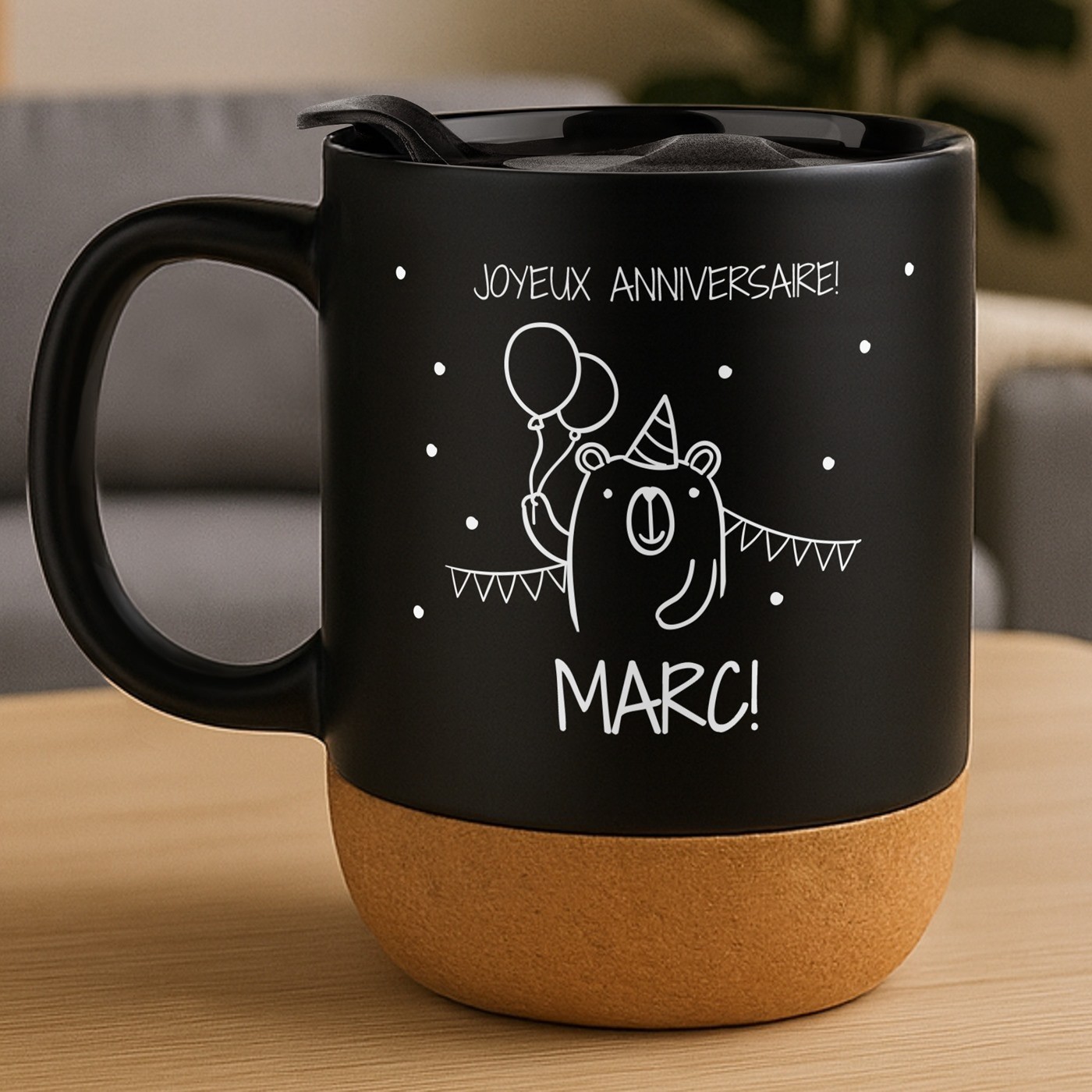 Mug de cerámica negra Murrano con tapa para el cumpleaños de su hijo