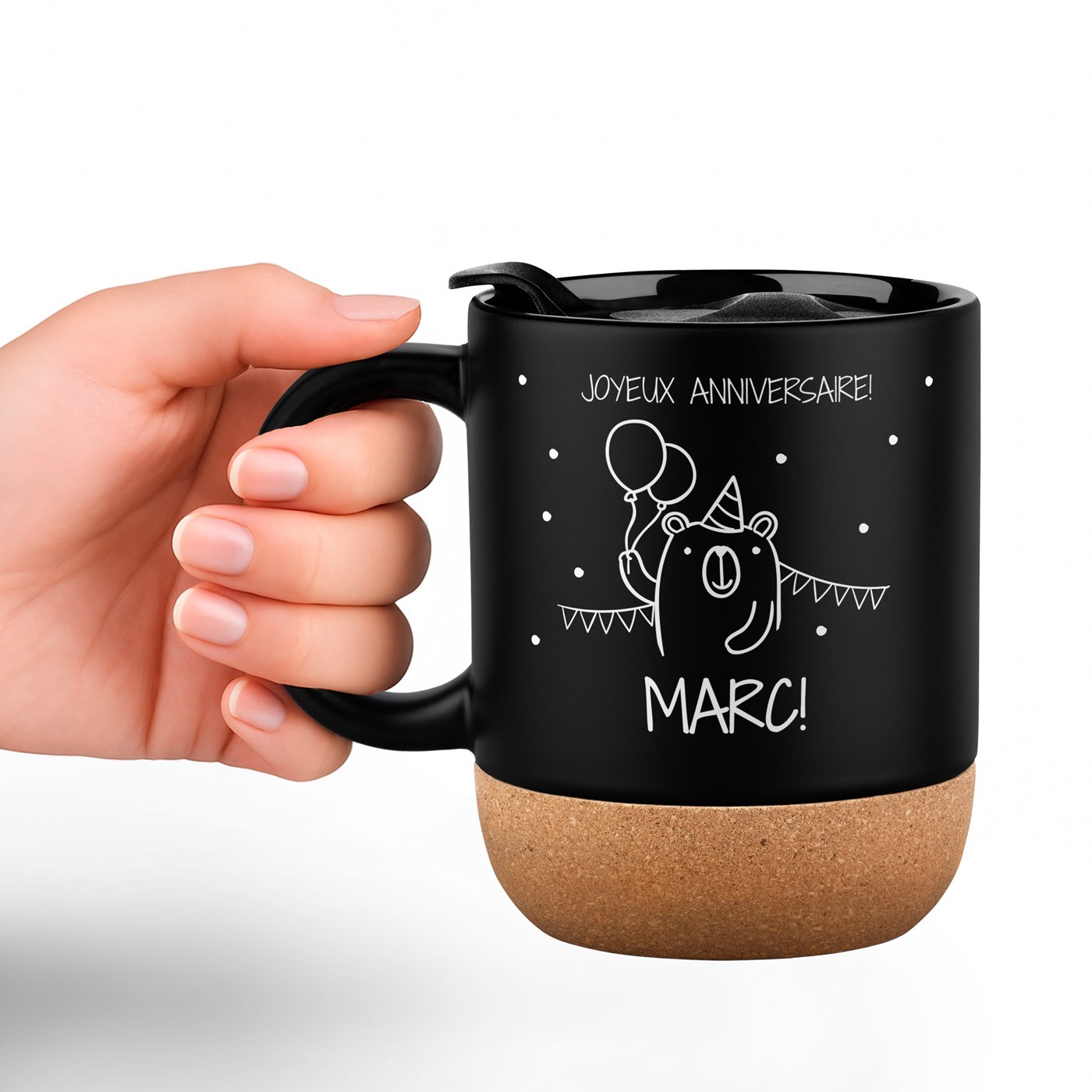 Mug de cerámica negra Murrano con tapa para el cumpleaños de su hijo