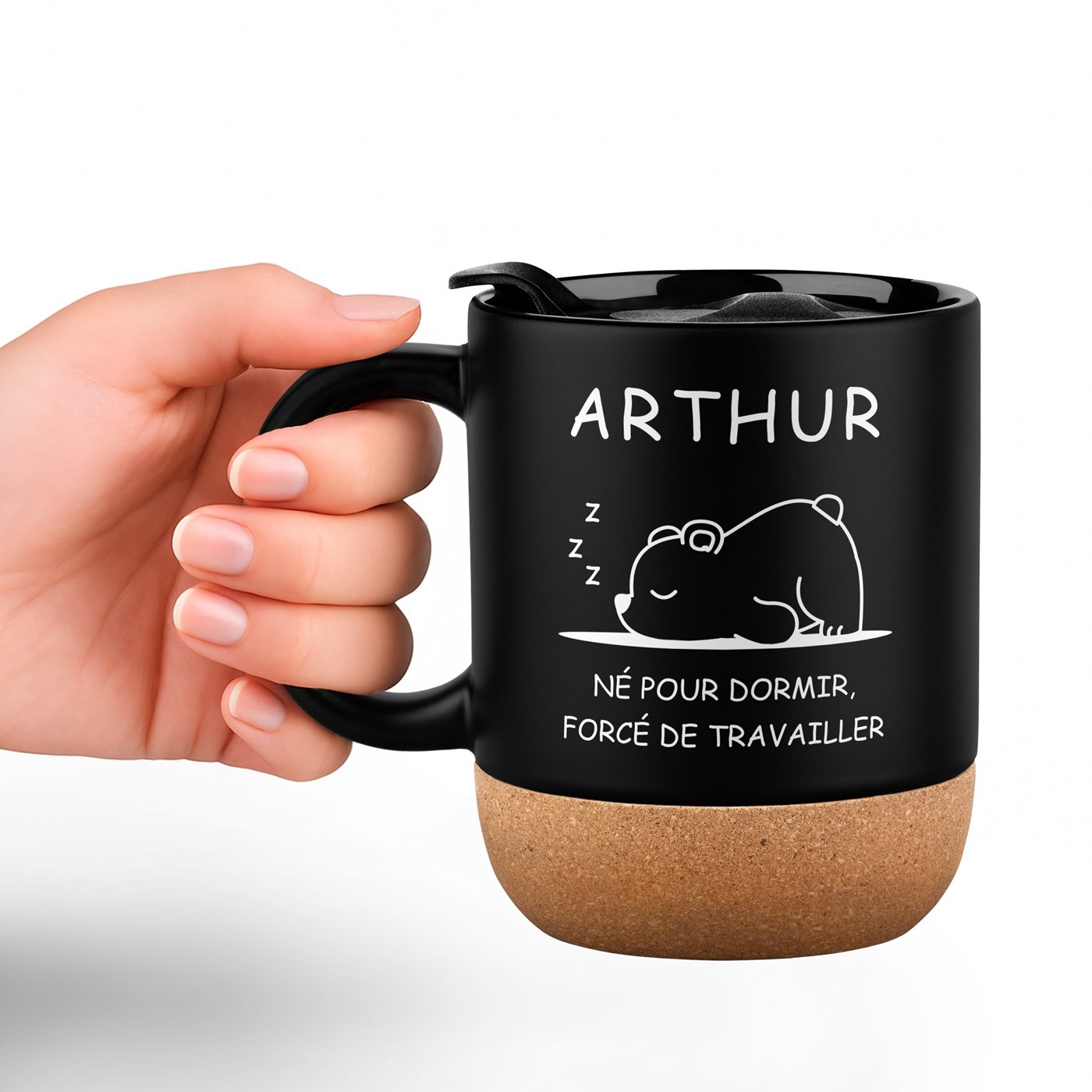 Mug de cerámica negra Murrano con base de corcho y tapa para un perezoso de cumpleaños