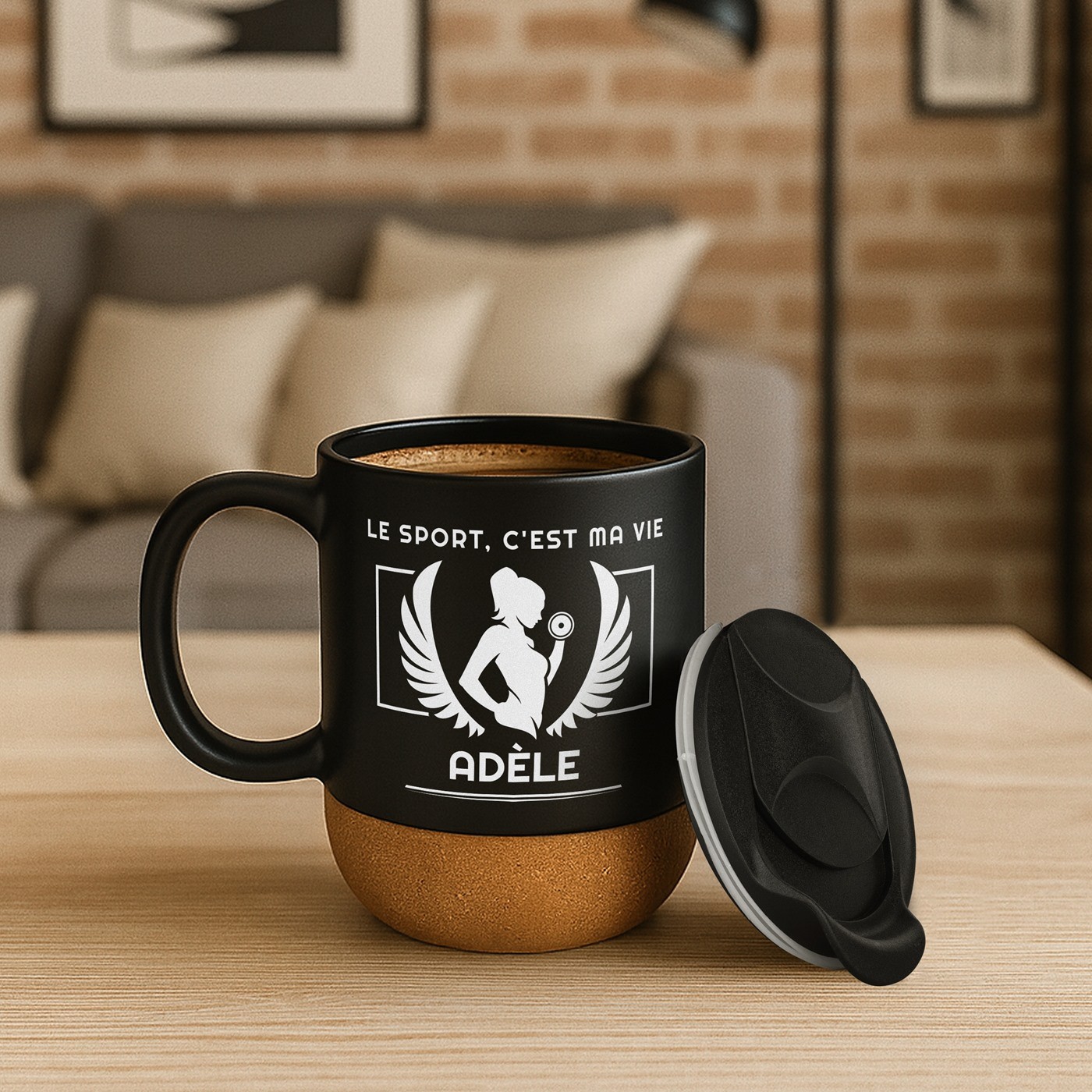 Mug de cerámica negra Murrano con base de corcho y tapa para mujeres atletas