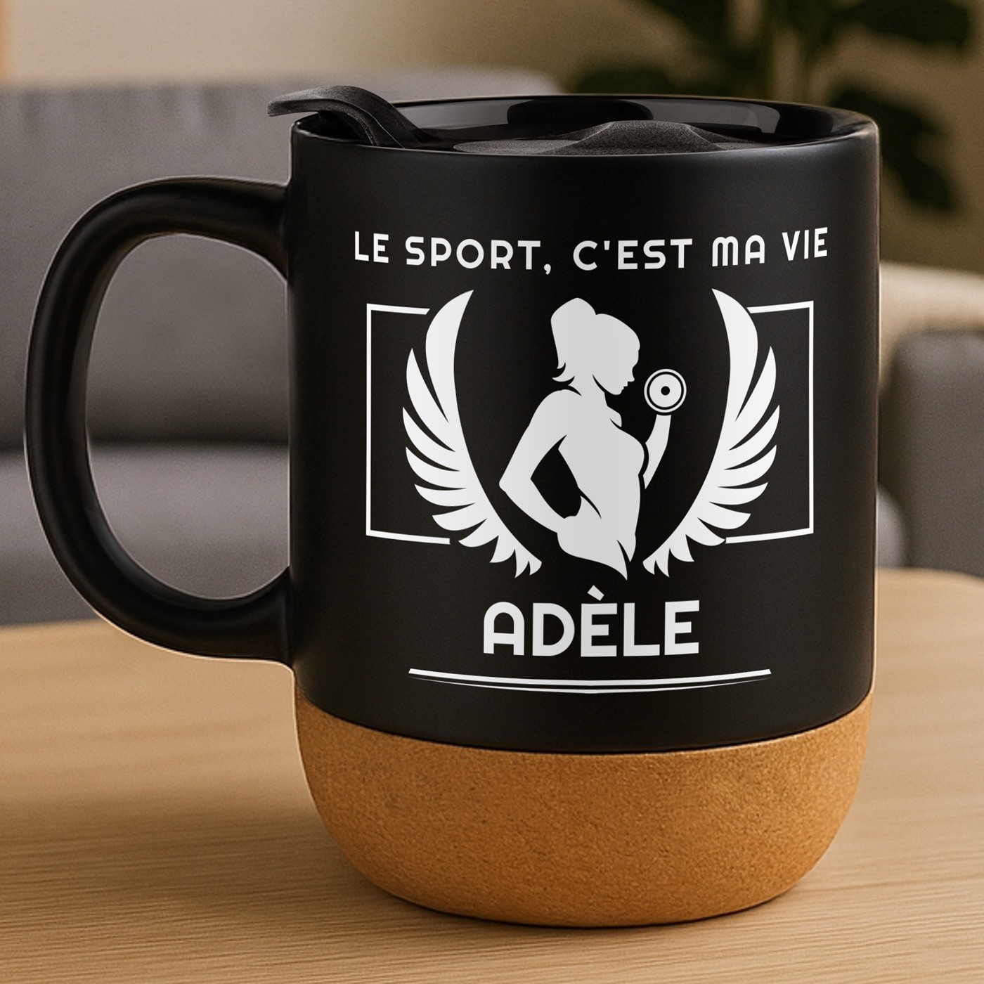 Mug de cerámica negra Murrano con base de corcho y tapa para mujeres atletas