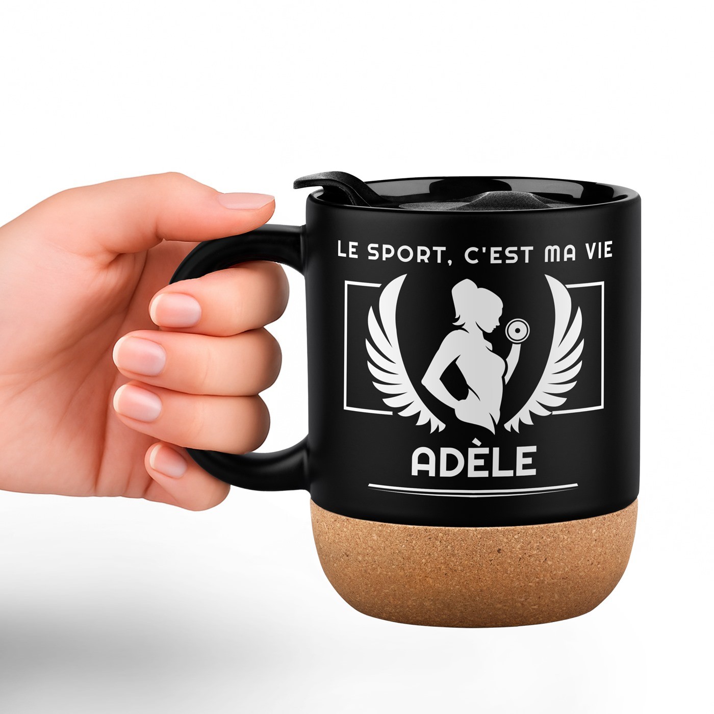 Mug de cerámica negra Murrano con base de corcho y tapa para mujeres atletas