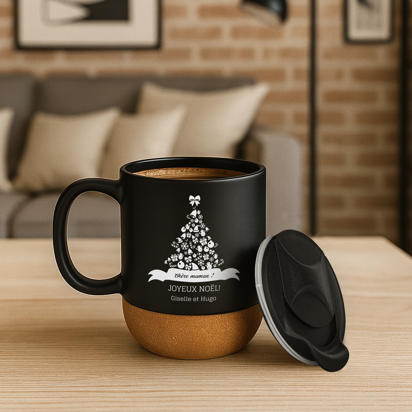 Taza de cerámica negra Murrano con tapa para mamá San Nicolás