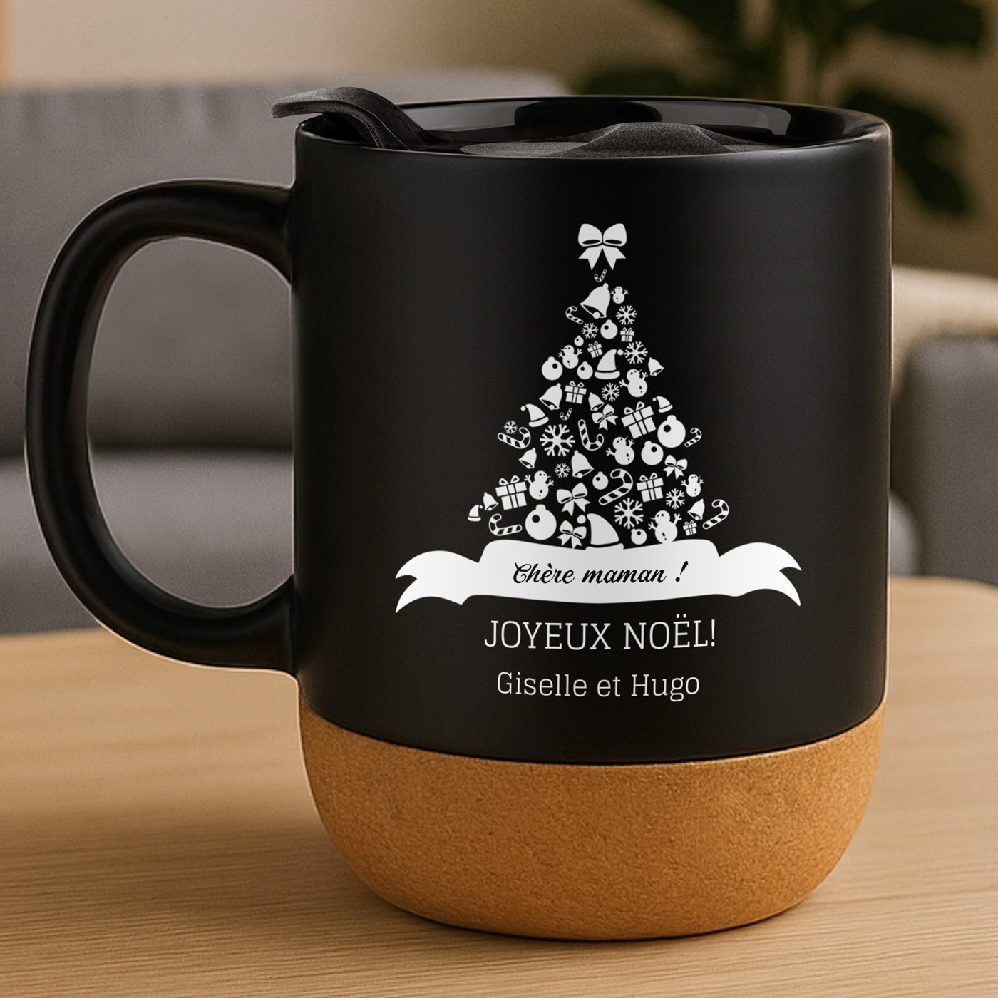 Taza de cerámica negra Murrano con tapa para mamá San Nicolás