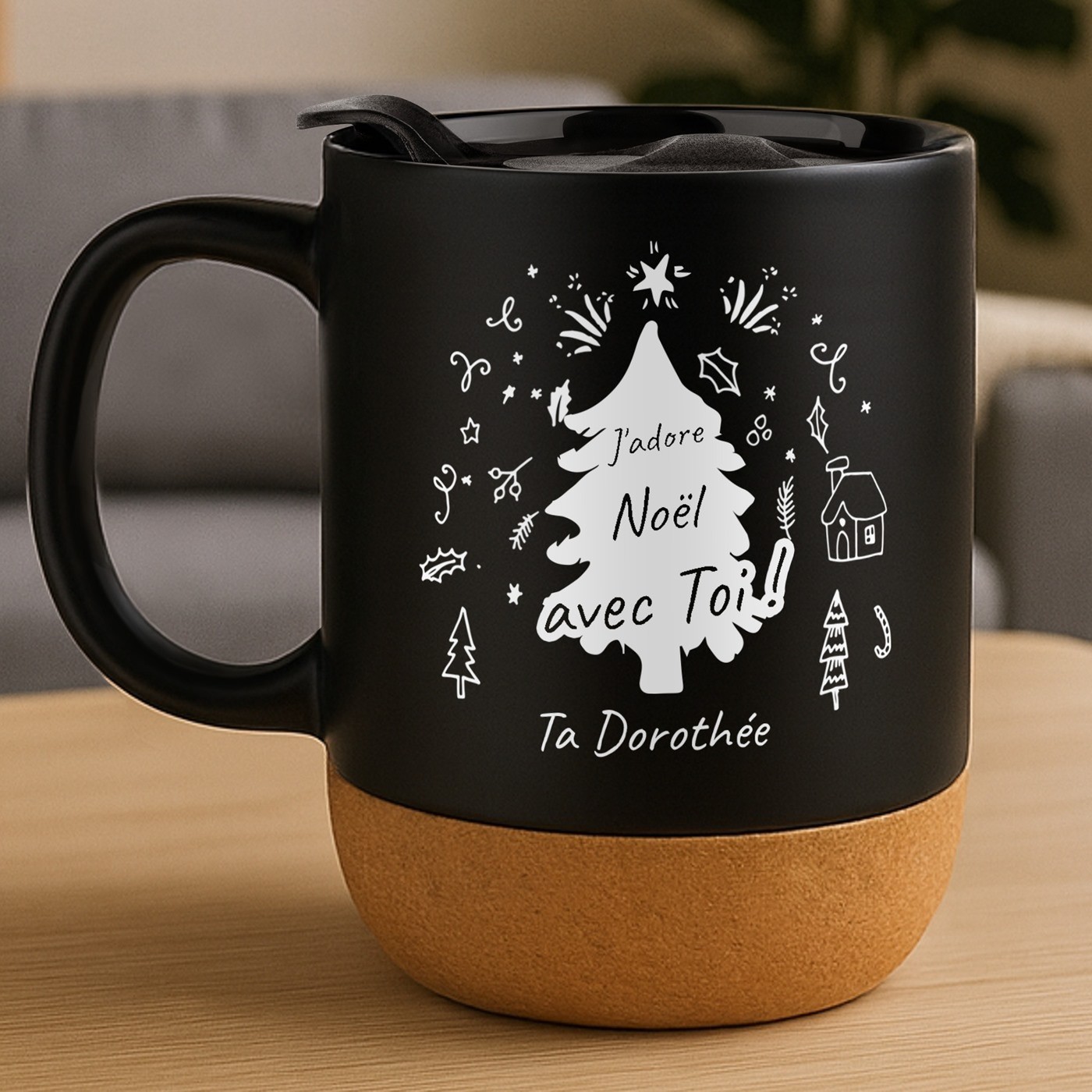 Mug de cerámica negra Murrano con base de corcho y tapa para él