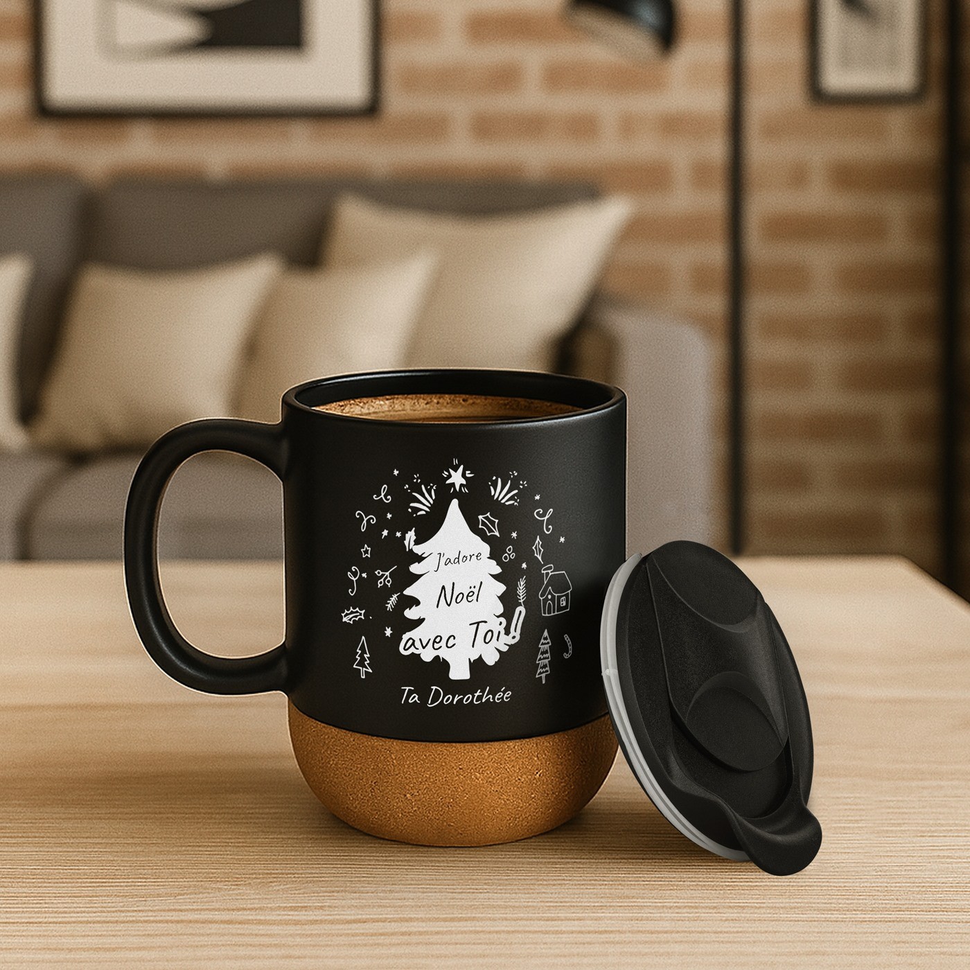 Mug de cerámica negra Murrano con base de corcho y tapa para él