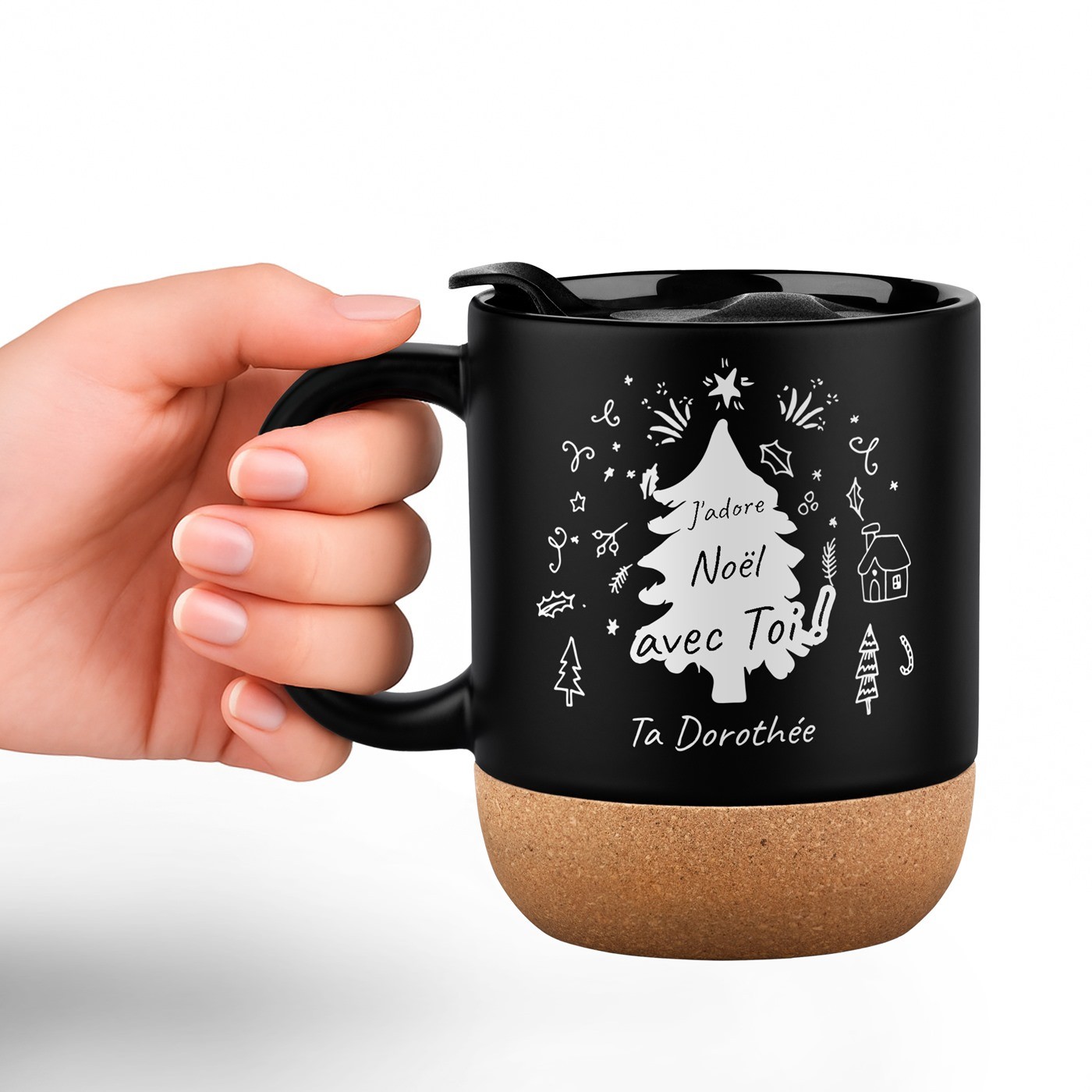 Mug de cerámica negra Murrano con base de corcho y tapa para él