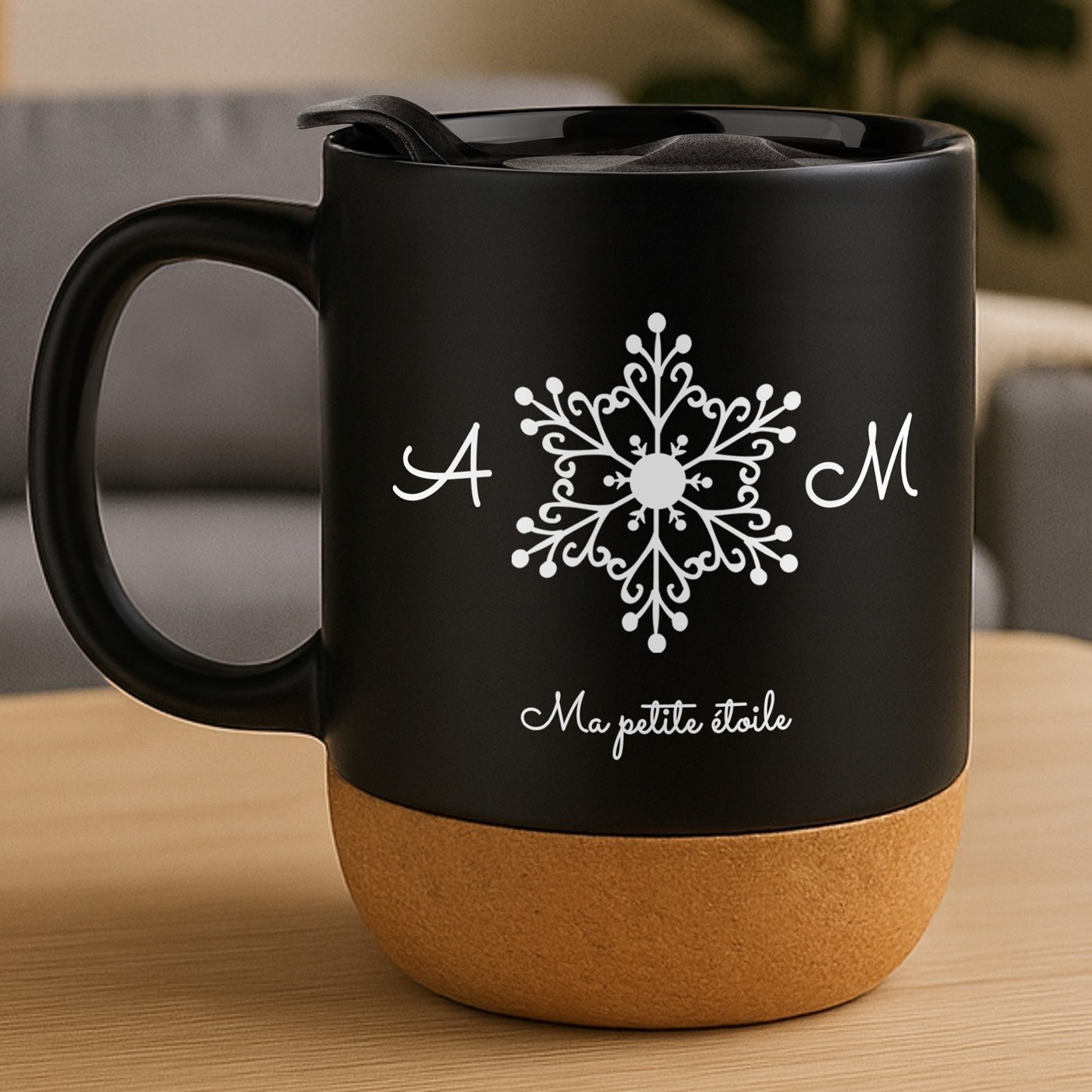 Mug de cerámica negra Murrano con base de corcho y tapa para parejas o amigos - Regalo personalizado