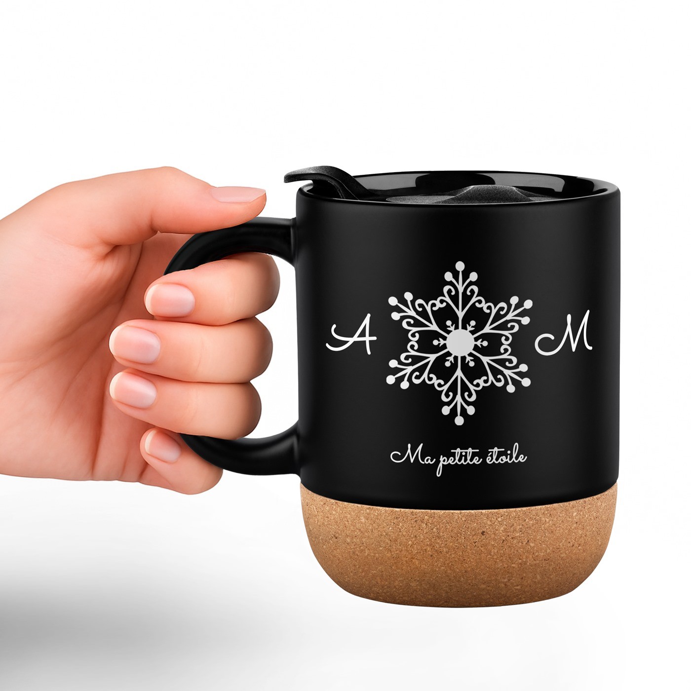 Mug de cerámica negra Murrano con base de corcho y tapa para parejas o amigos - Regalo personalizado