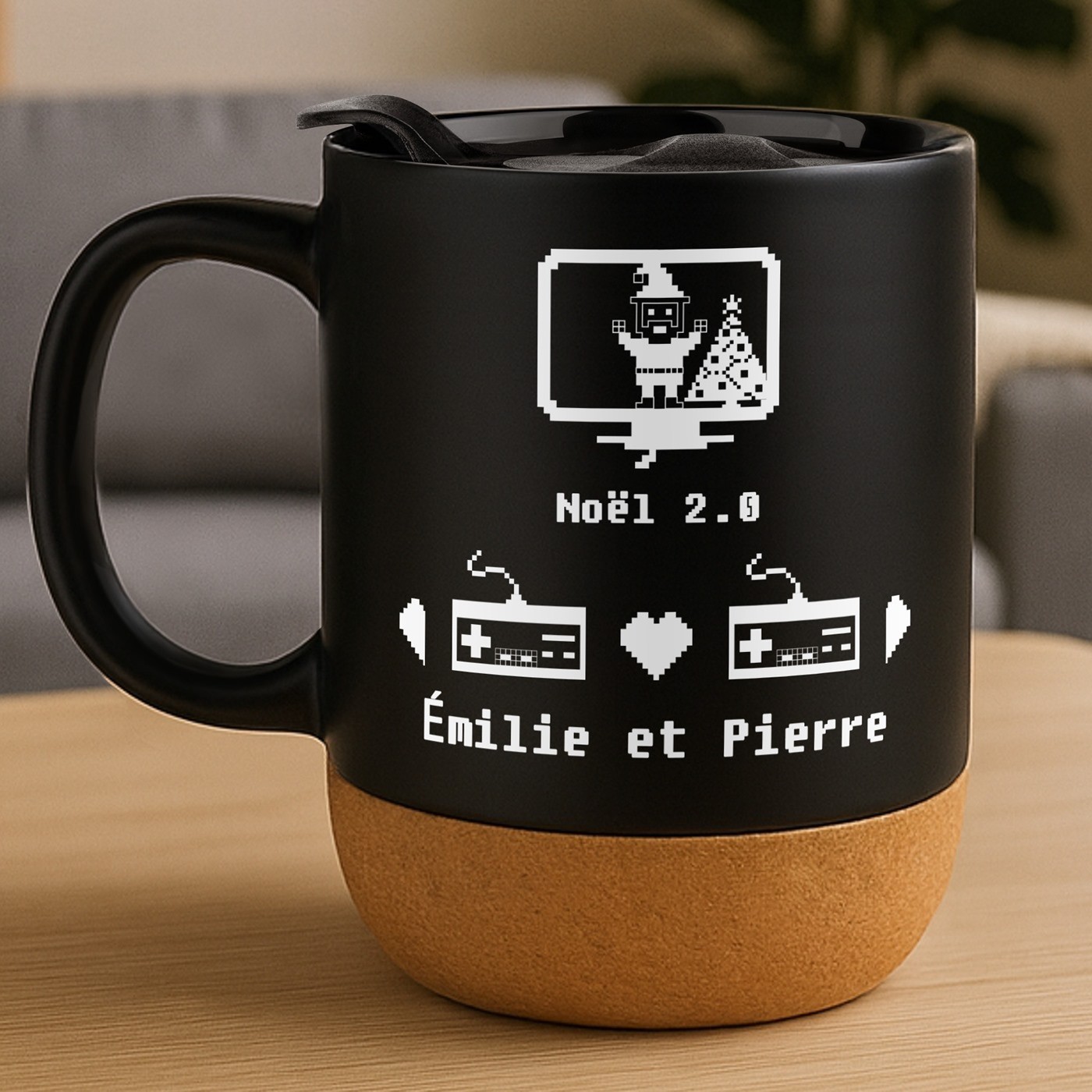 Taza negra Murrano con impresión y tapa para jugadores (edición navideña)