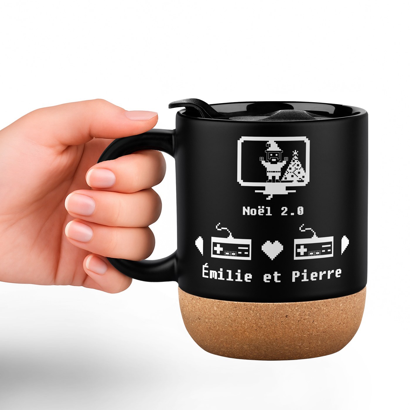 Taza negra Murrano con impresión y tapa para jugadores (edición navideña)