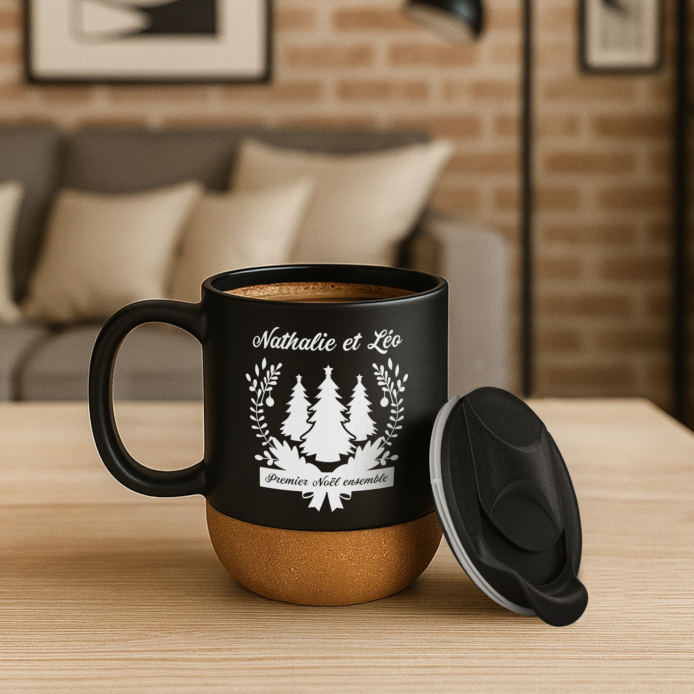 Taza negra Murrano con impresión y tapa para pareja Navidad