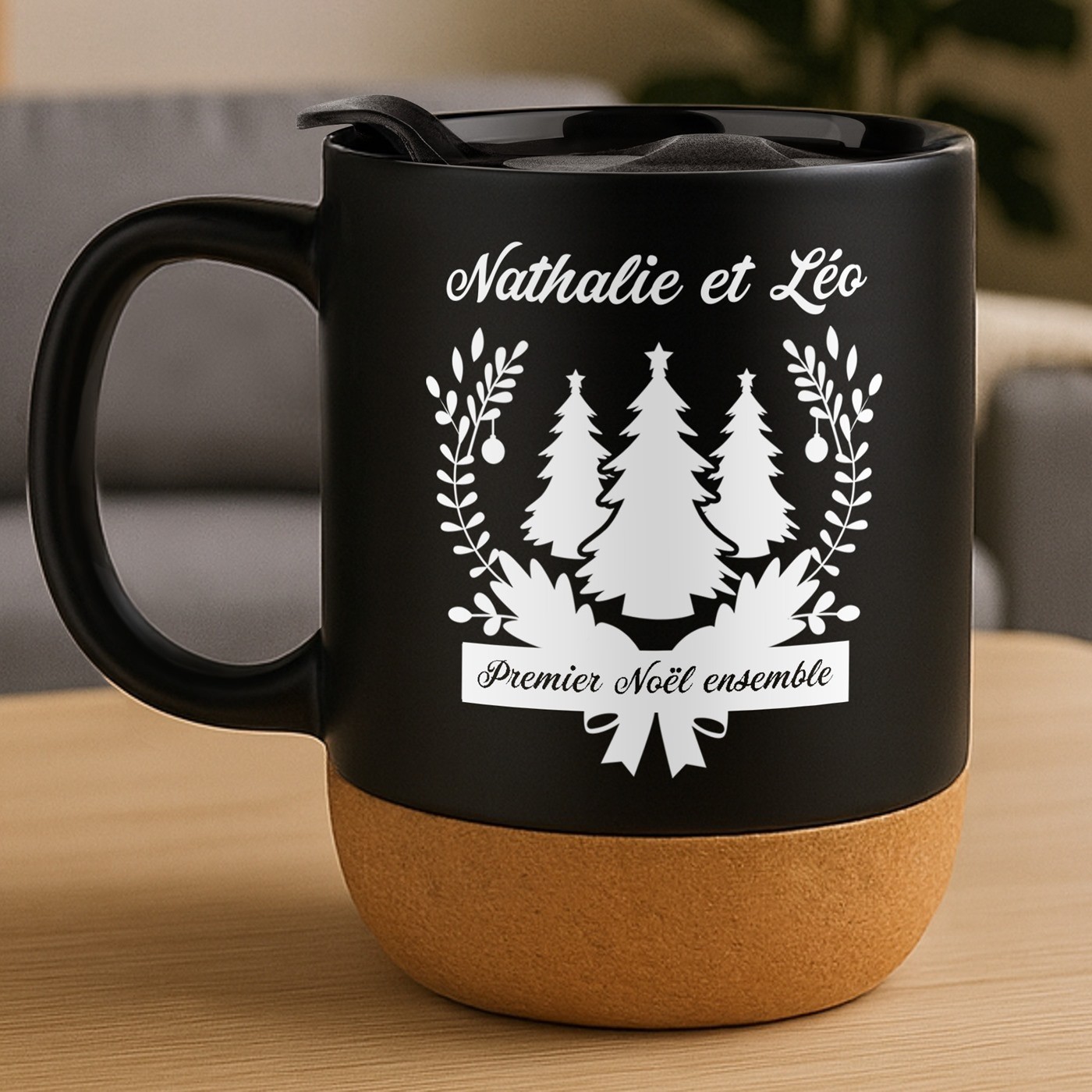 Taza negra Murrano con impresión y tapa para pareja Navidad