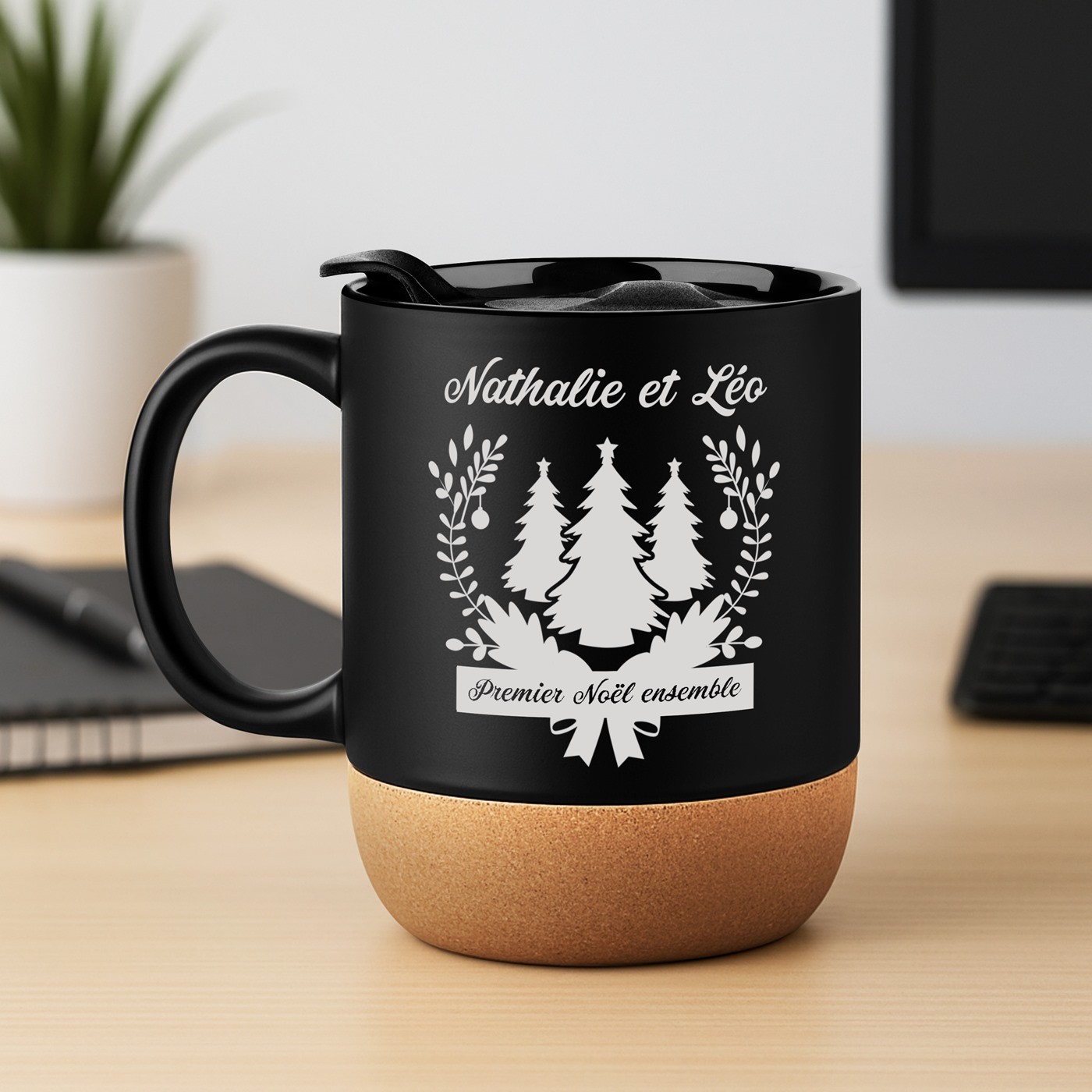 Taza negra Murrano con impresión y tapa para pareja Navidad