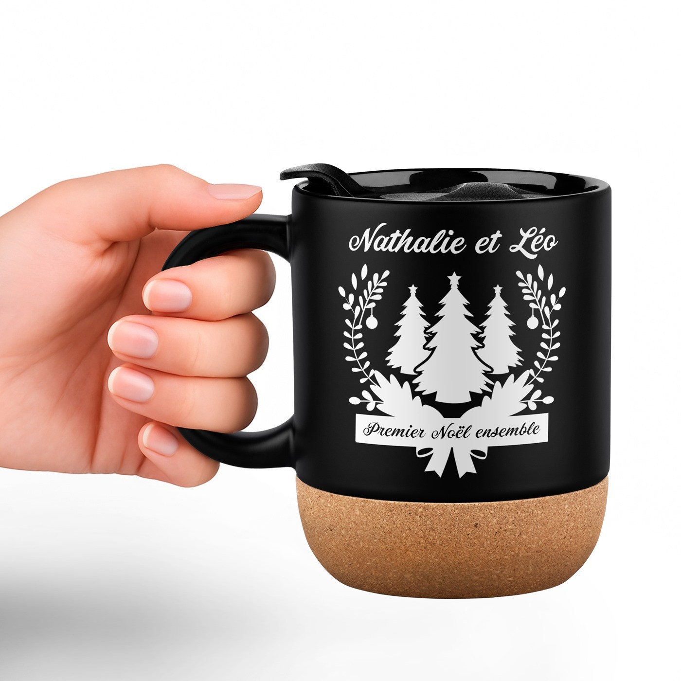 Taza negra Murrano con impresión y tapa para pareja Navidad