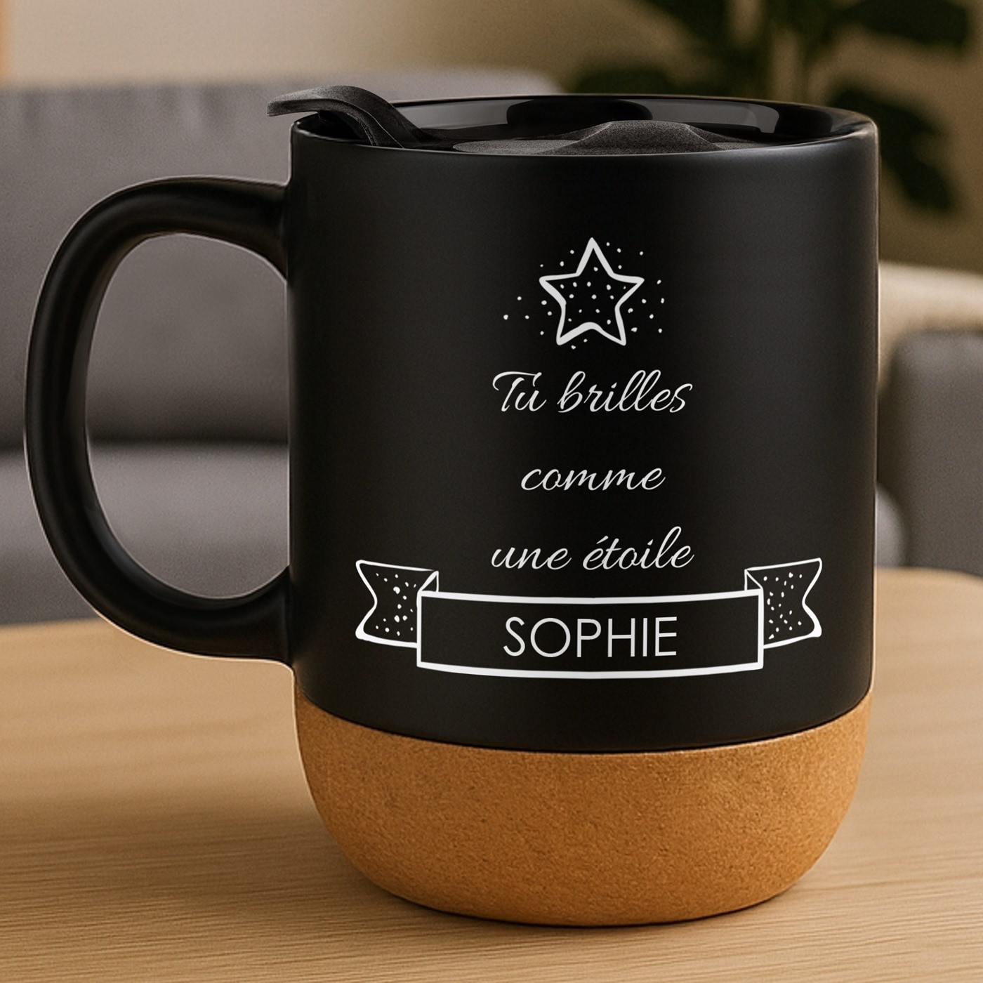 Taza negra Murrano con impresión y tapa para niña, Navidad