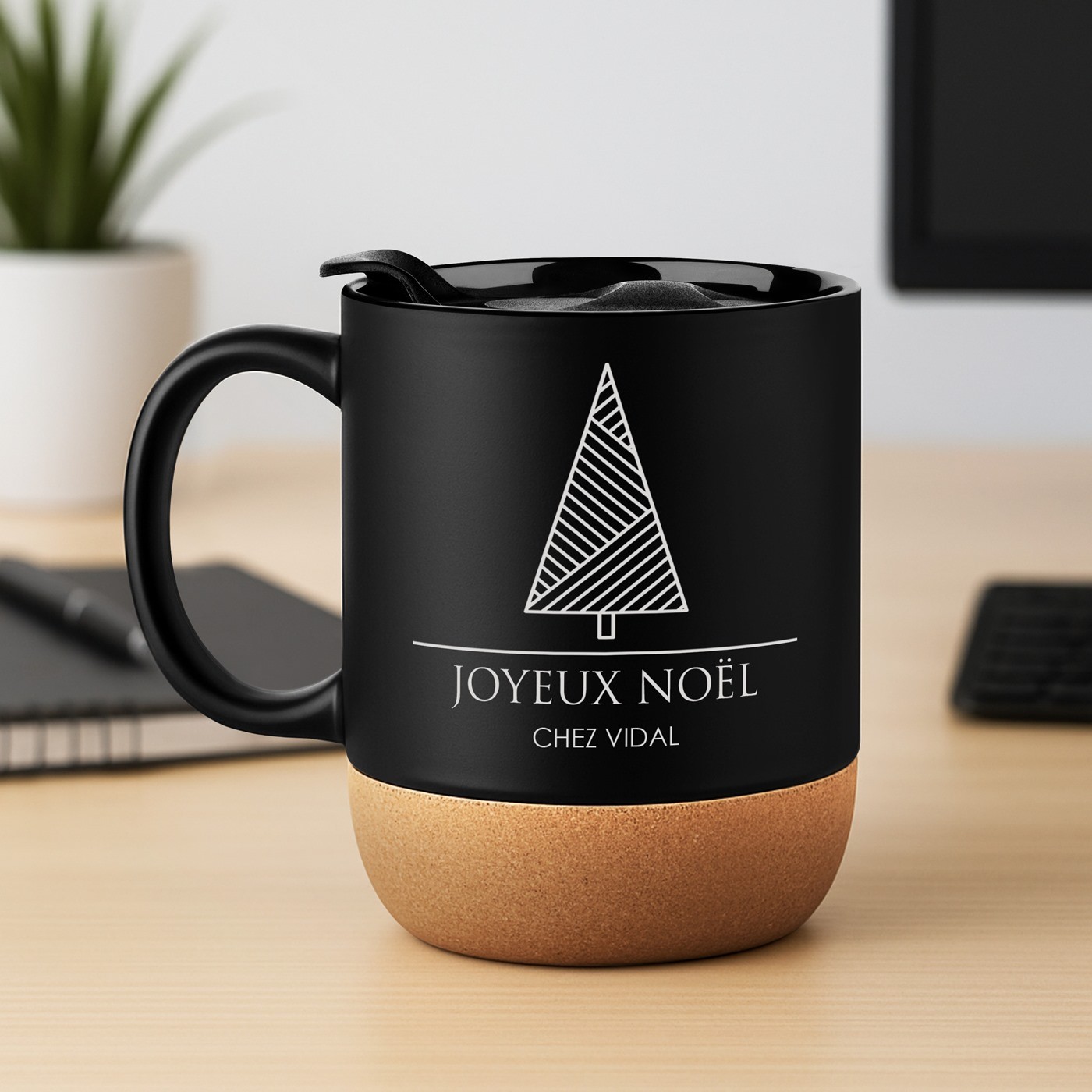 Taza Murrano negra con impresión y tapa para padres Navidad