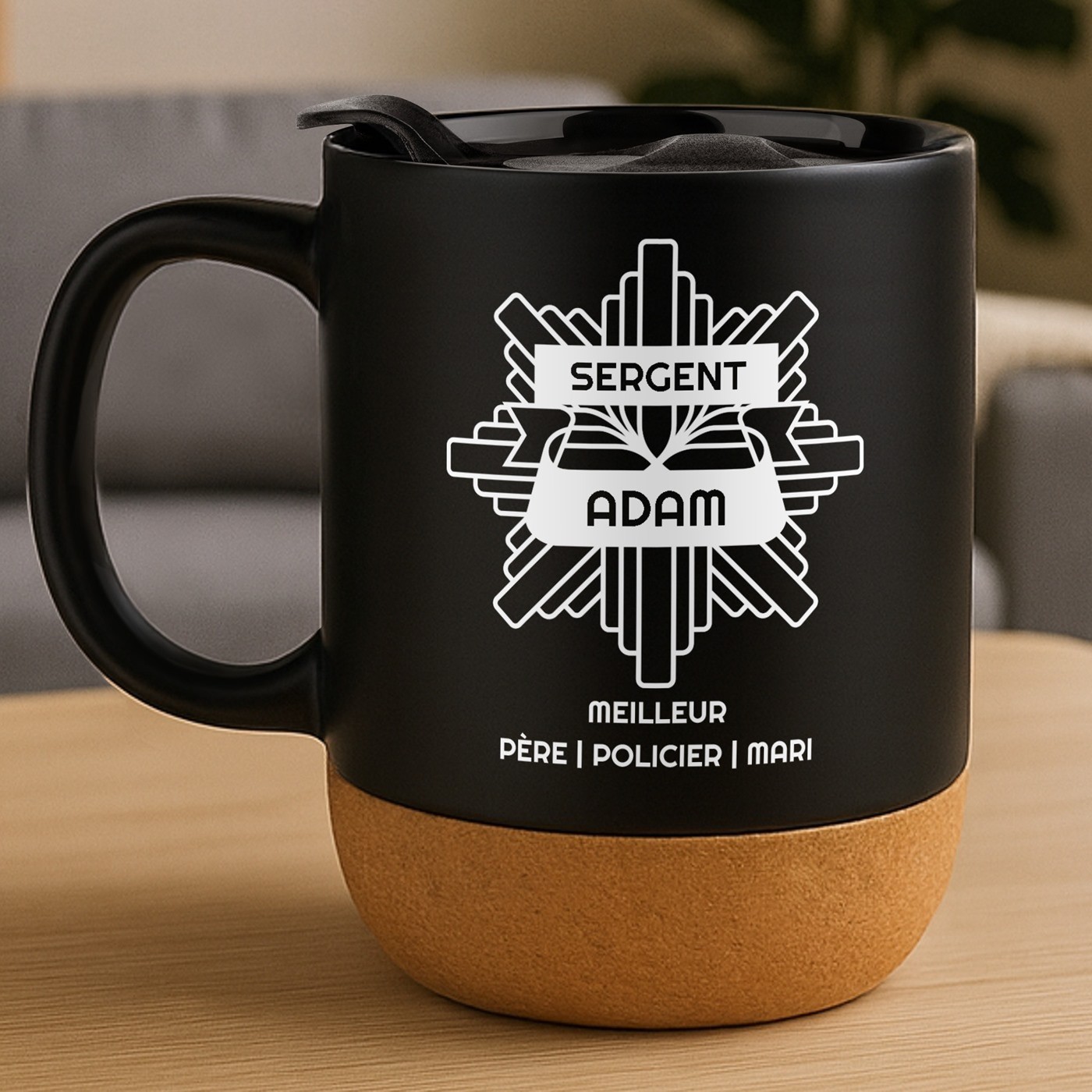 Mug Negro Murrano con Impresión y Tapa para Agente de Policía Padre Esposo