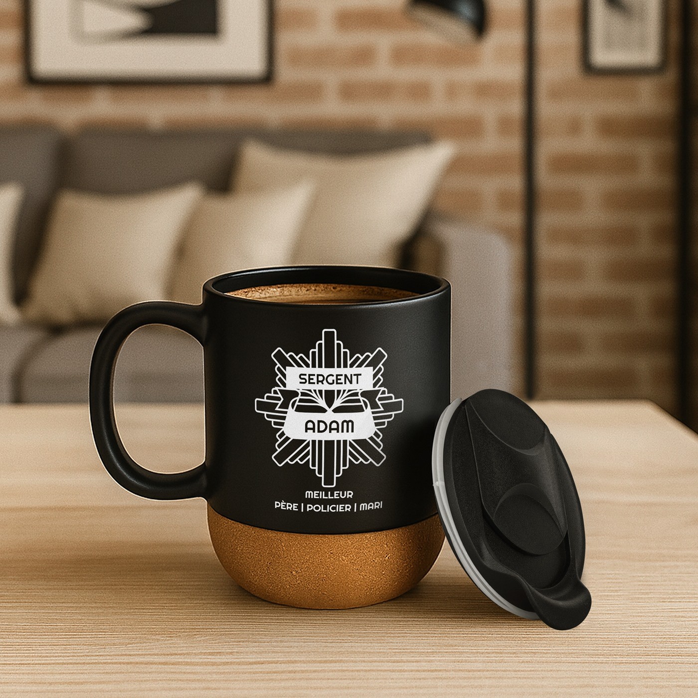 Mug Negro Murrano con Impresión y Tapa para Agente de Policía Padre Esposo