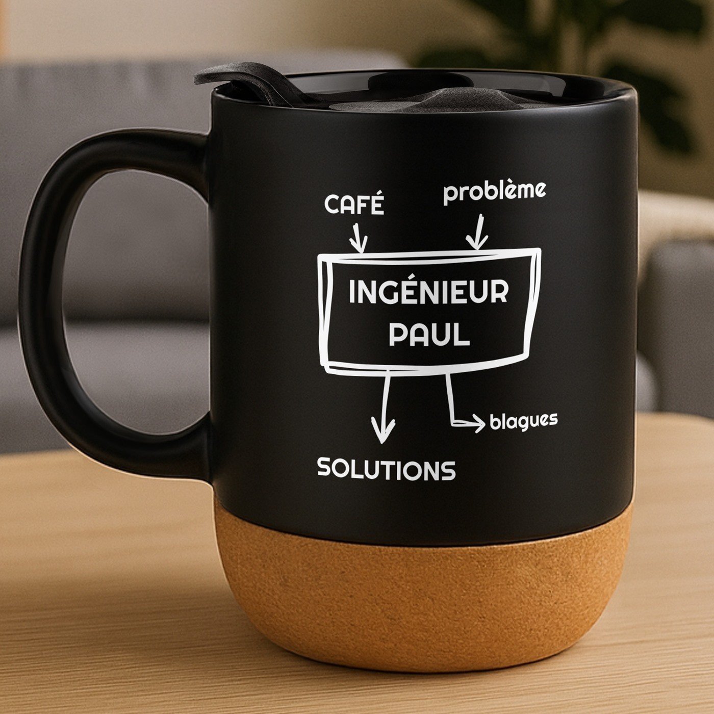Taza negra Murrano con impresión y tapa para hombre ingeniero cumpleaños