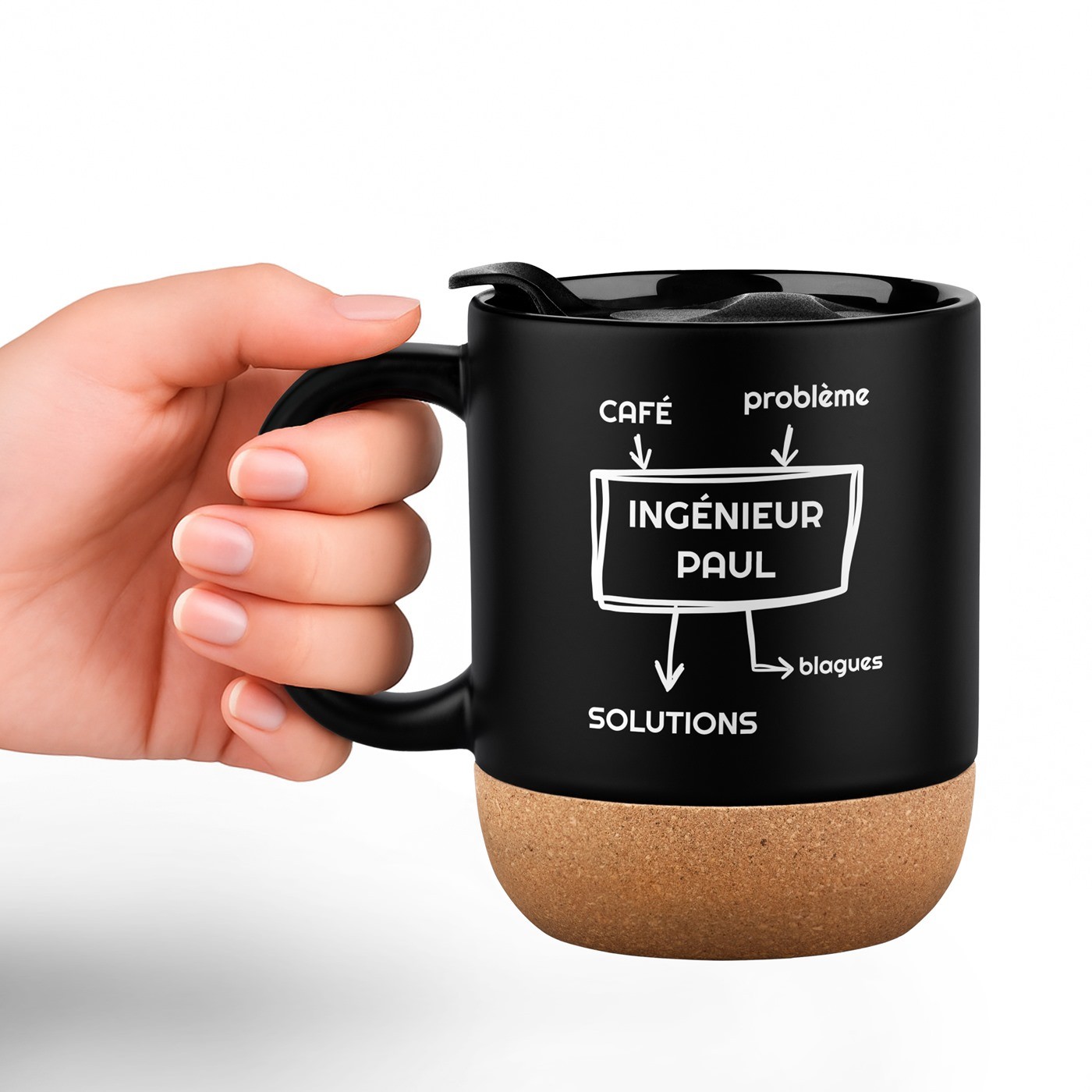 Taza negra Murrano con impresión y tapa para hombre ingeniero cumpleaños