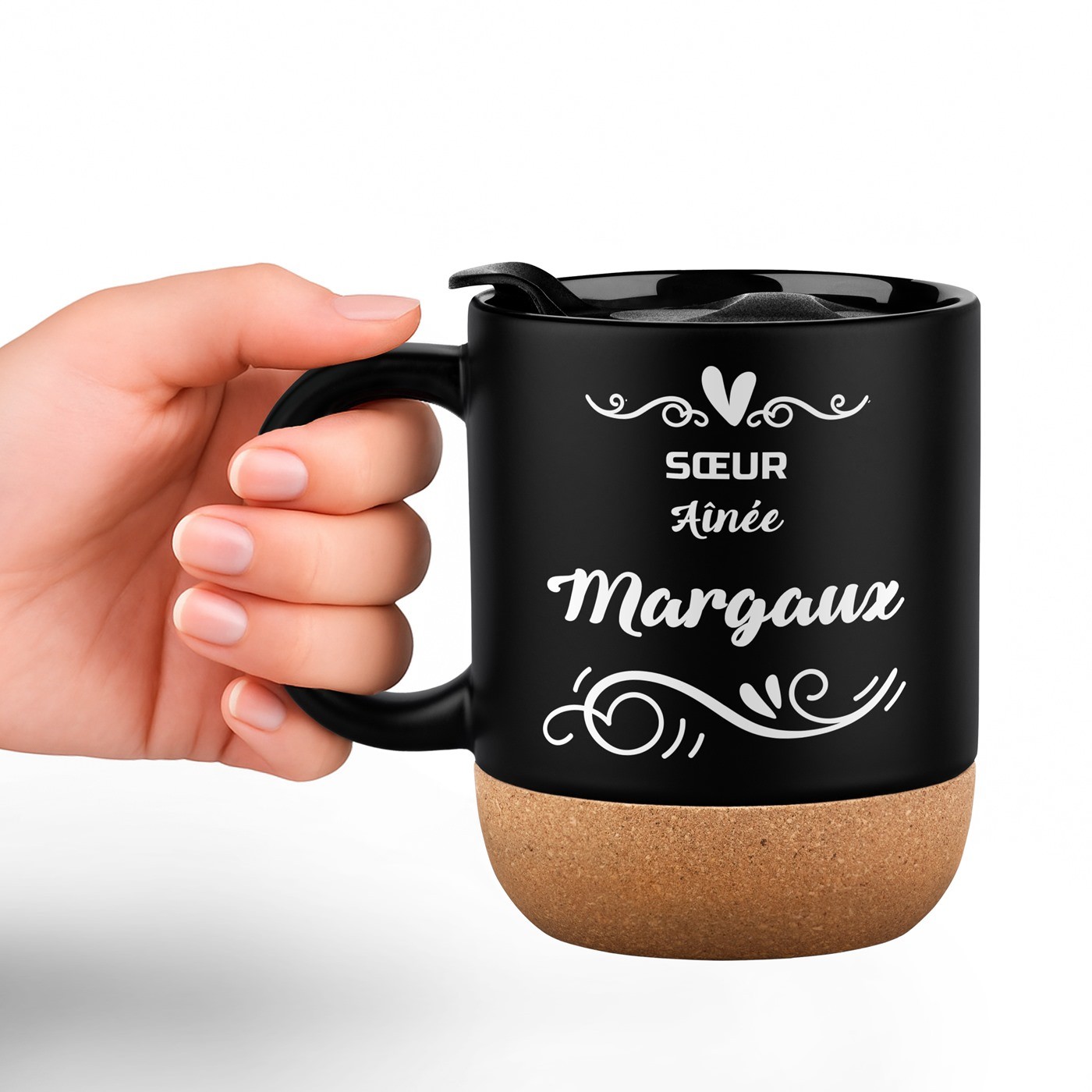Taza de cerámica negra Murrano con tapa y impresión personalizada para el cumpleaños de su hermana