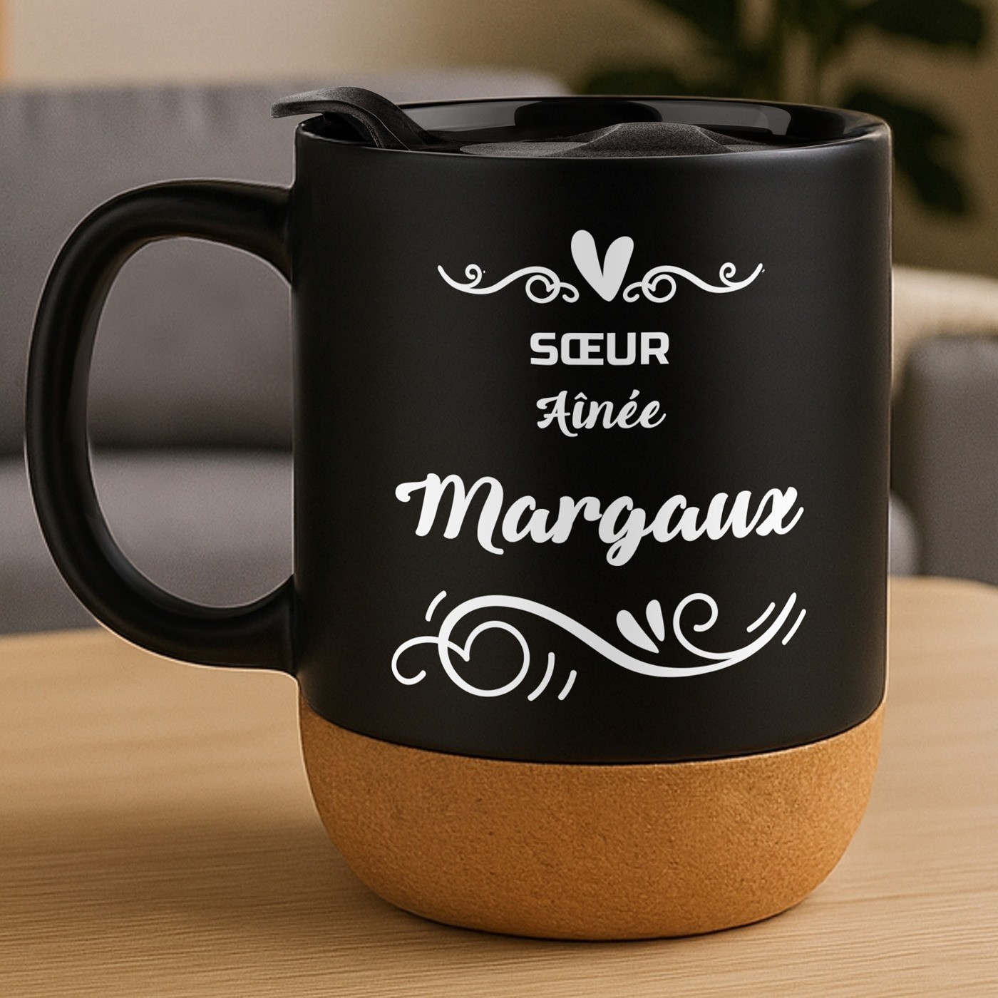 Taza de cerámica negra Murrano con tapa y impresión personalizada para el cumpleaños de su hermana