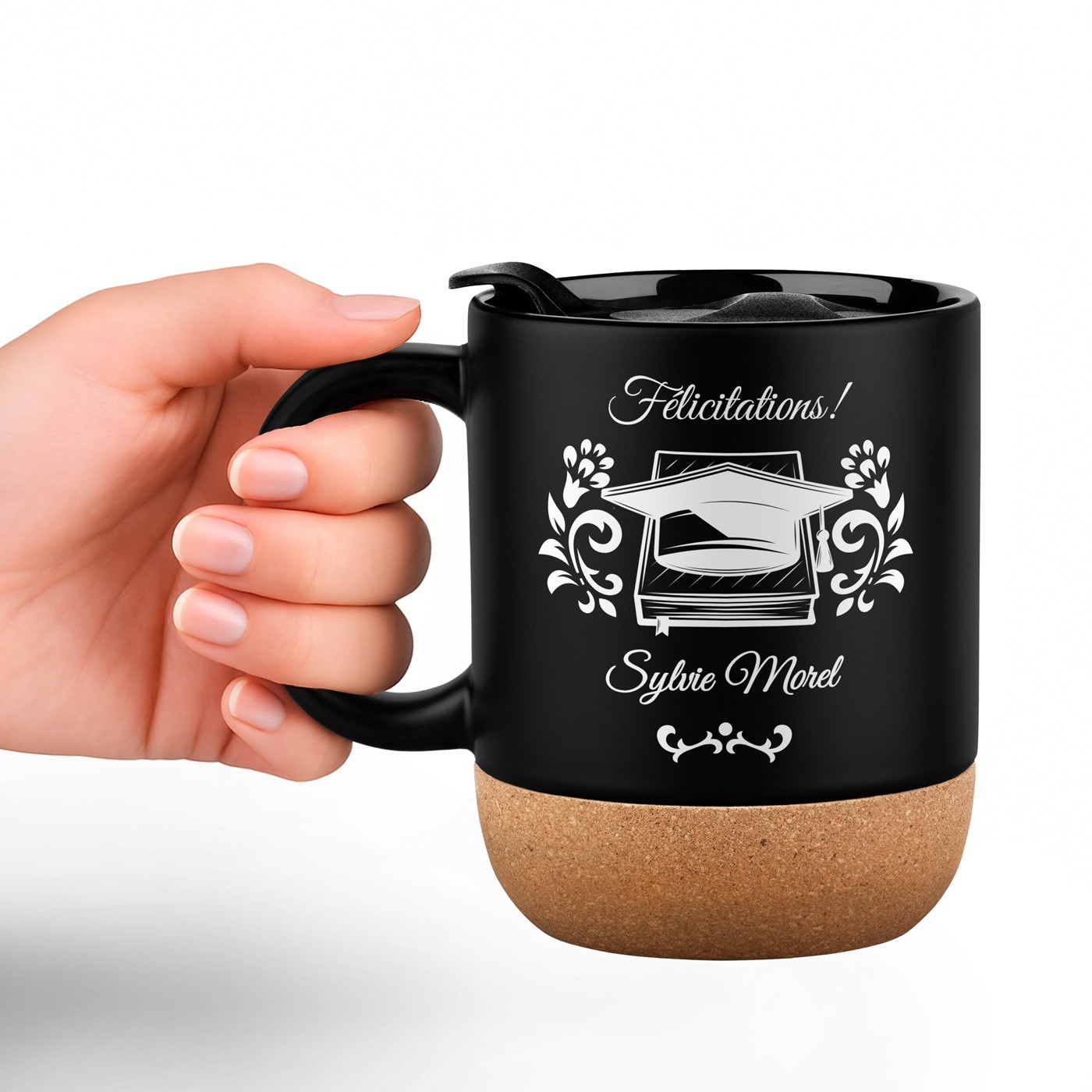 Mug de cerámica negra Murrano con impresión y tapa para graduado universitario