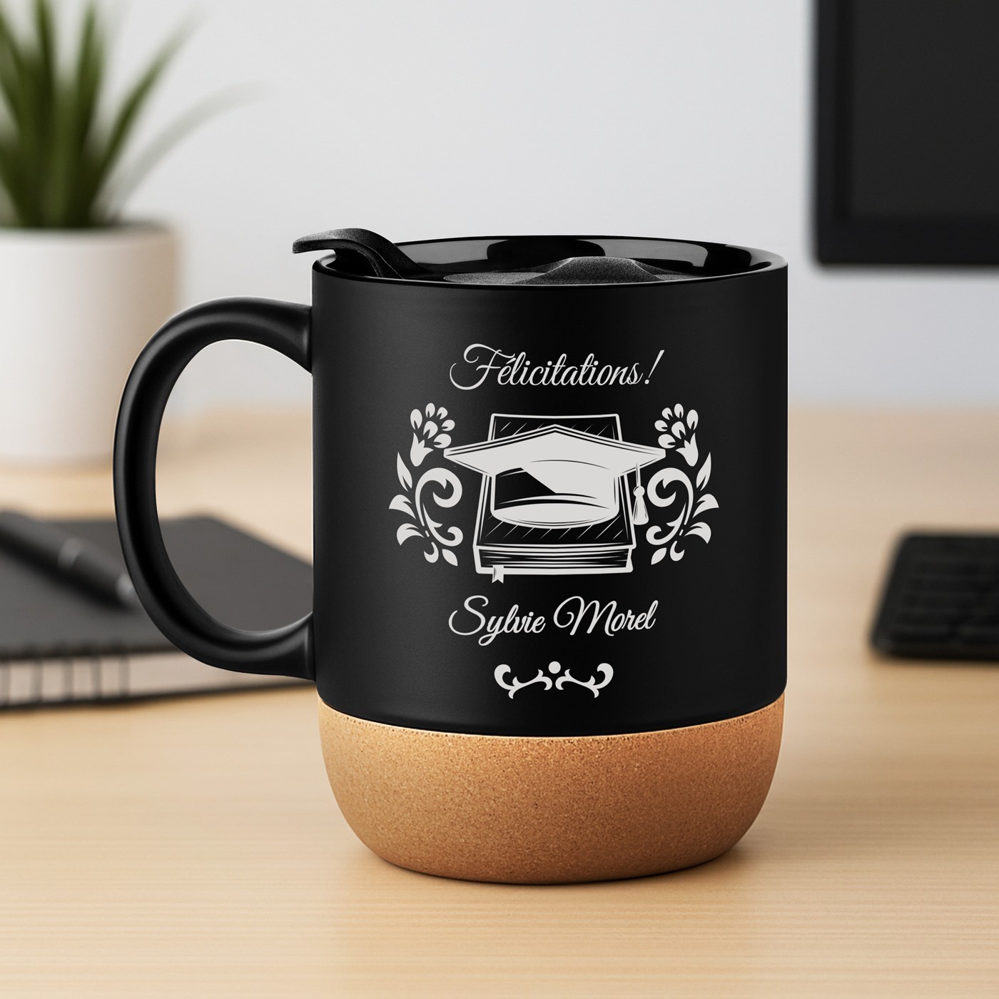 Mug de cerámica negra Murrano con impresión y tapa para graduado universitario