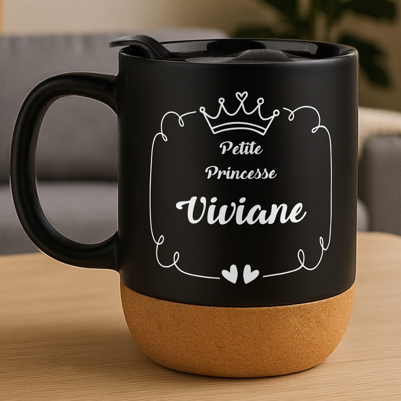 Taza de cerámica negra Murrano con impresión y tapa para niñas