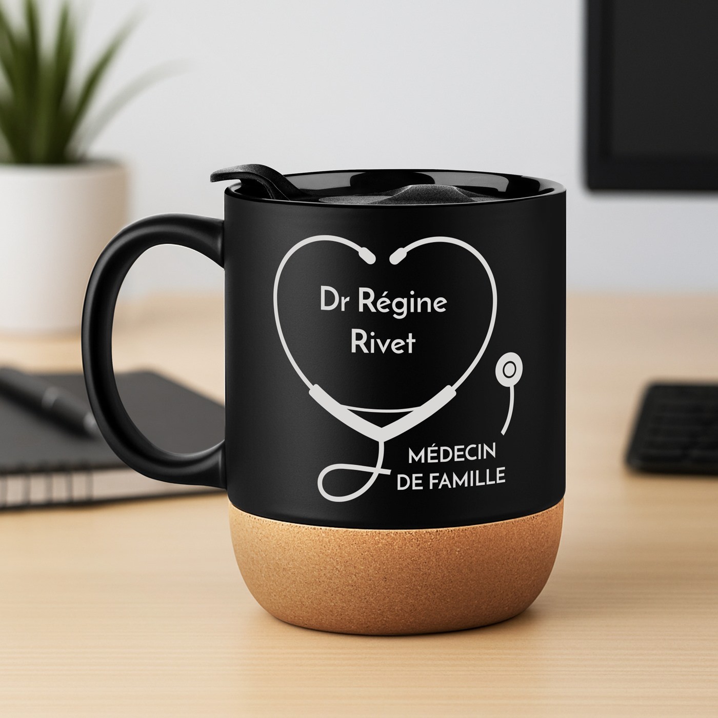 Mug de cerámica negra Murrano con base de corcho y tapa para médico
