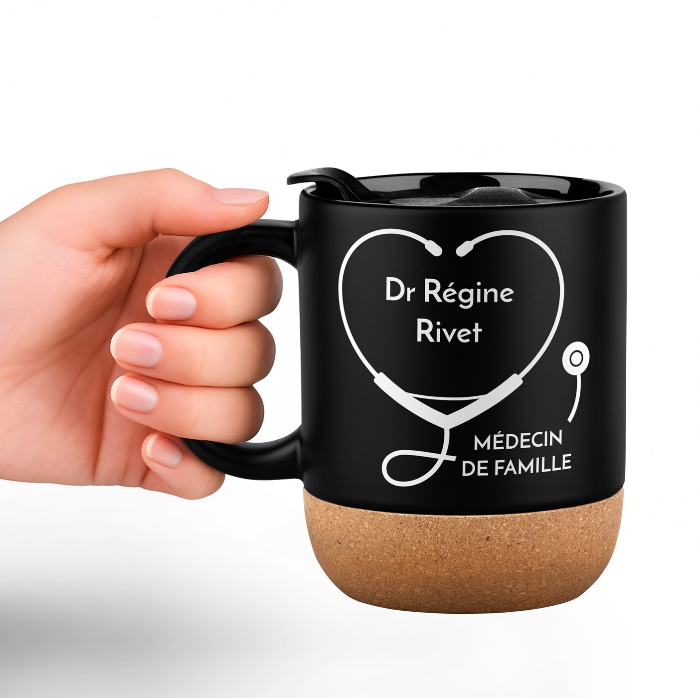 Mug de cerámica negra Murrano con base de corcho y tapa para médico