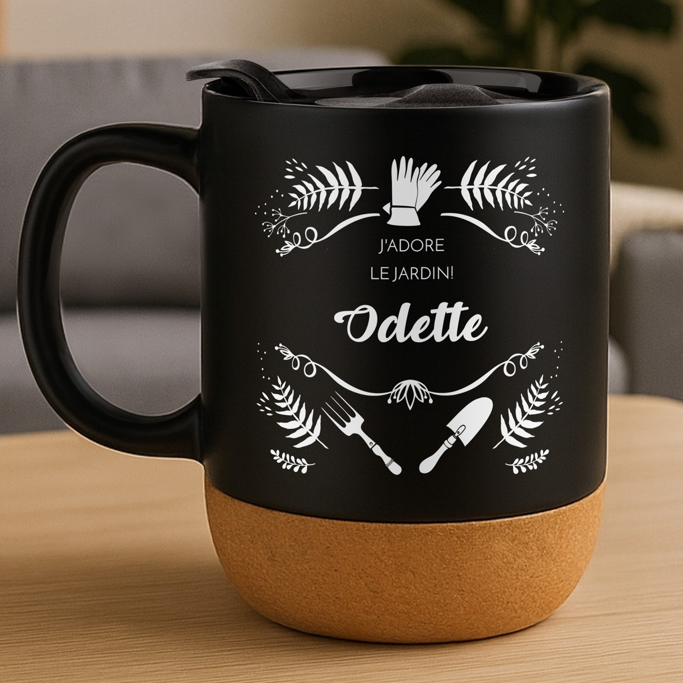 Taza de cerámica negra Murrano con base de corcho y tapa para mujeres jardineras
