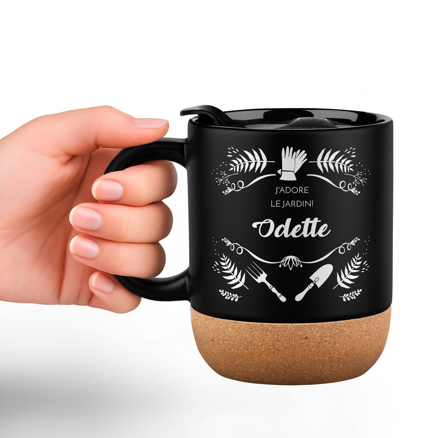 Murrano Black Ceramic Mug with Cork Base and Lid for Women Gardeners