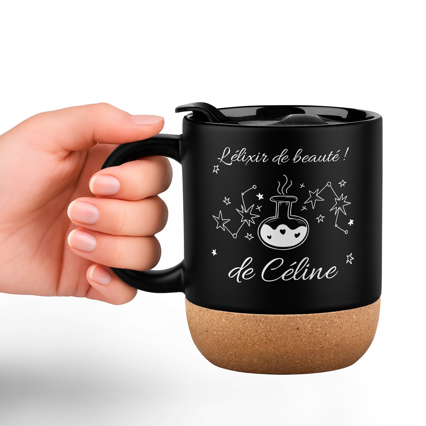 Taza de cerámica negra Murrano con base de corcho y tapa para el aniversario de una mujer