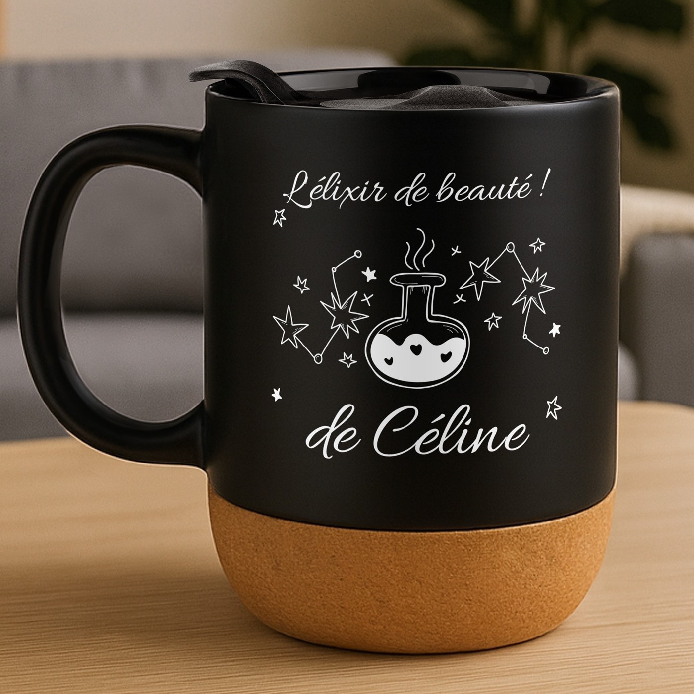 Taza de cerámica negra Murrano con base de corcho y tapa para el aniversario de una mujer