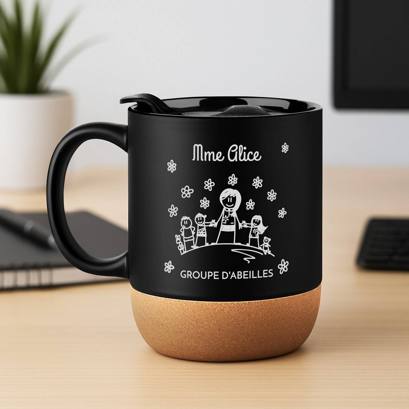 Mug de cerámica negra Murrano con tapa para maestra de jardín de infantes