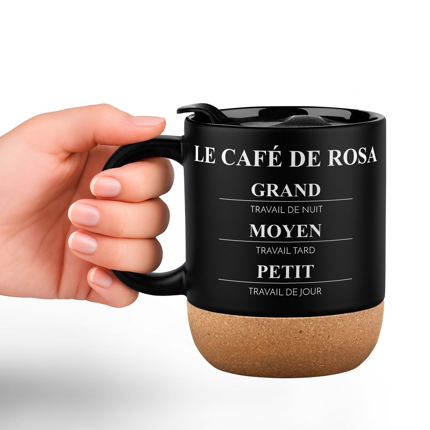 Taza de cerámica negra Murrano con base de corcho y tapa para aniversario de mujer