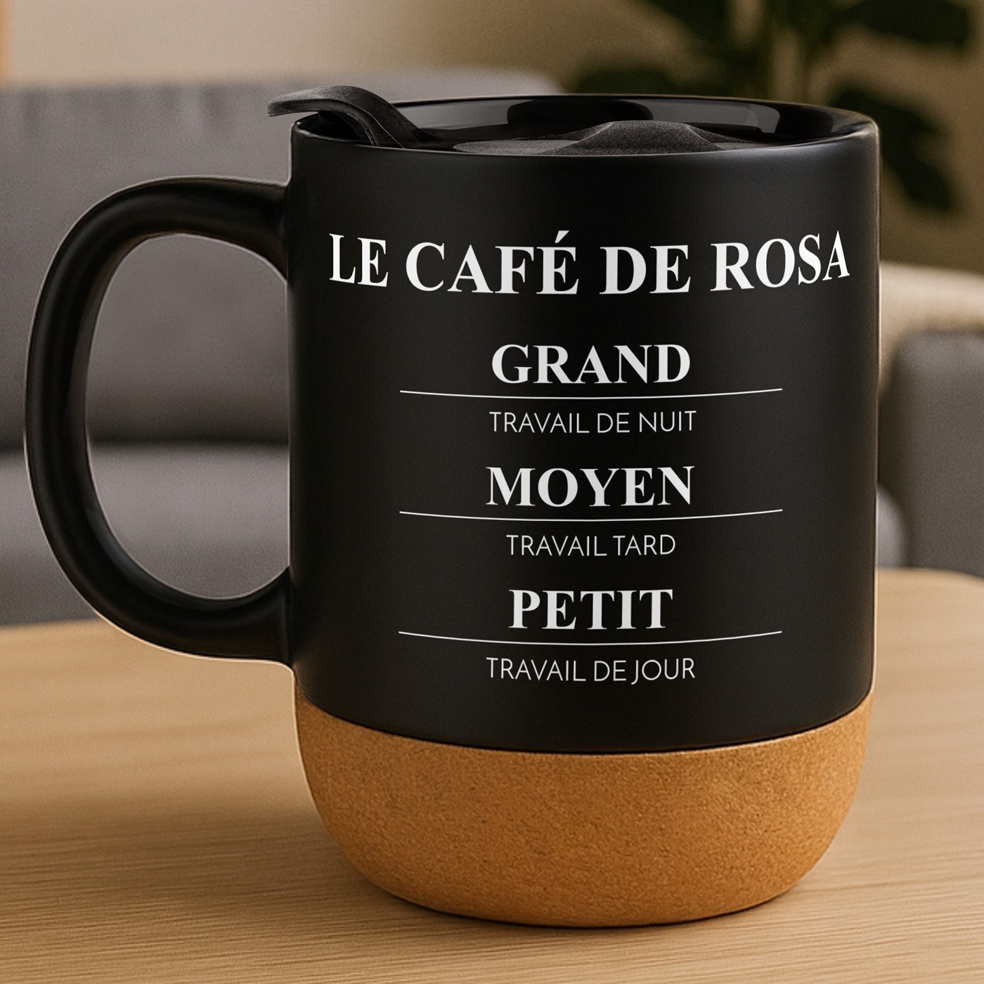 Taza de cerámica negra Murrano con base de corcho y tapa para aniversario de mujer