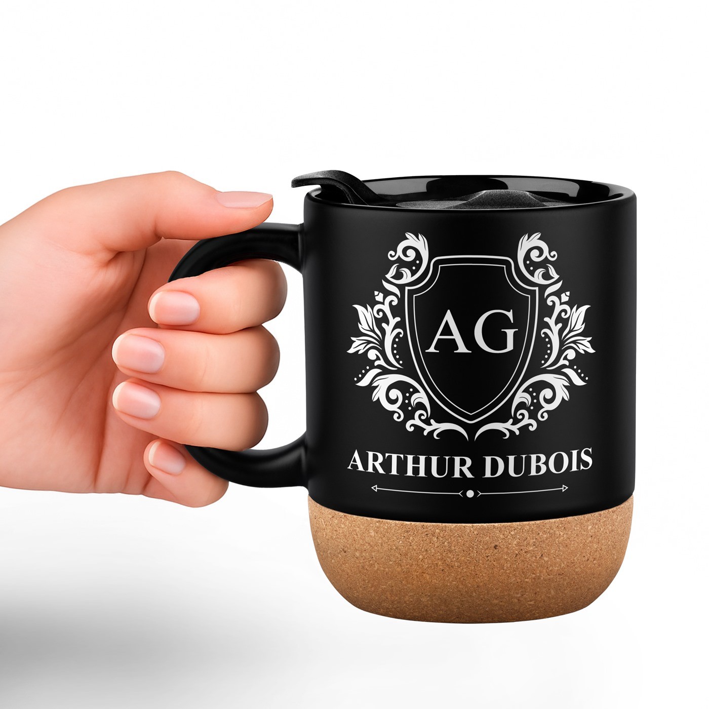 Mug de cerámica negra Murrano con base de corcho y tapa para cumpleaños de hombre