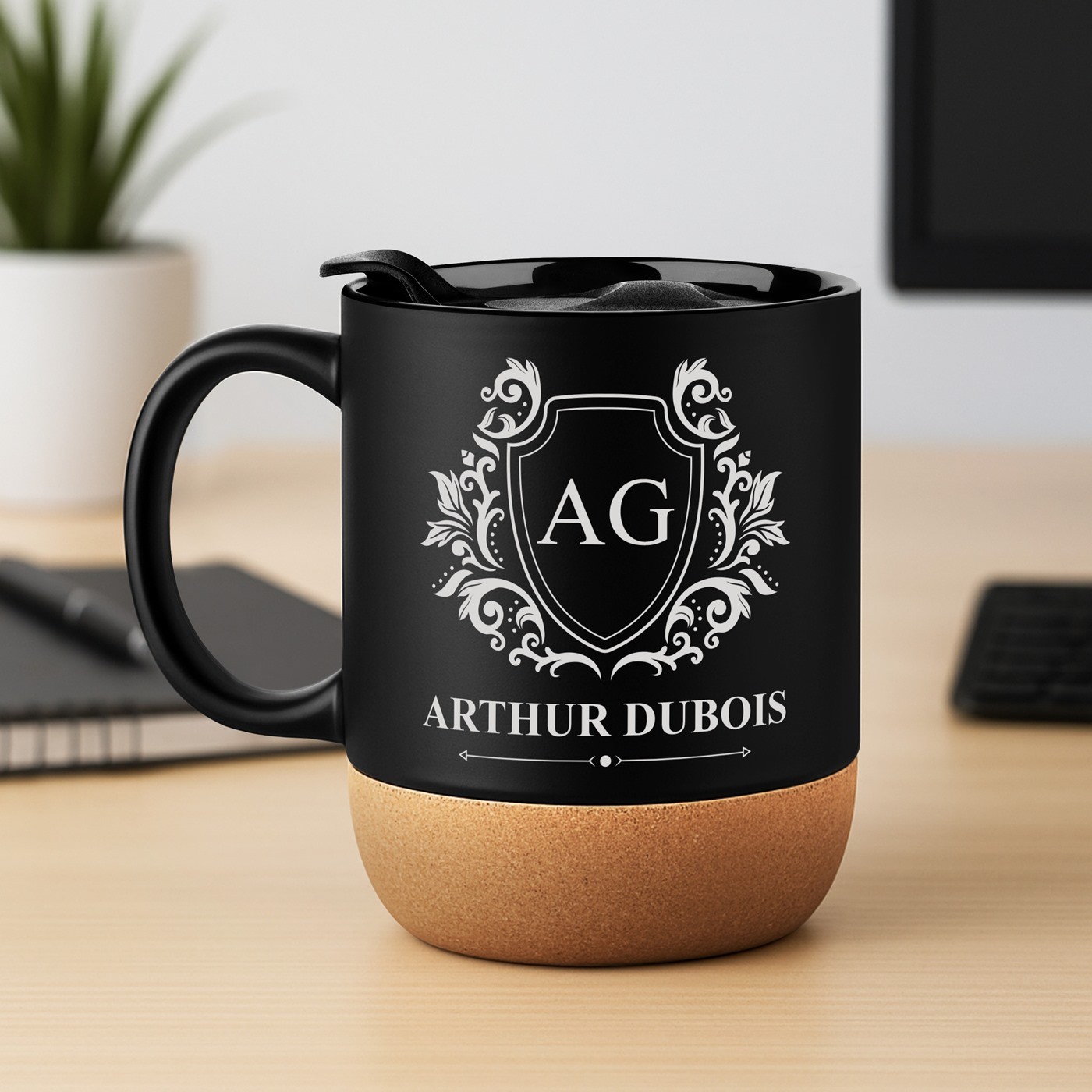 Mug de cerámica negra Murrano con base de corcho y tapa para cumpleaños de hombre