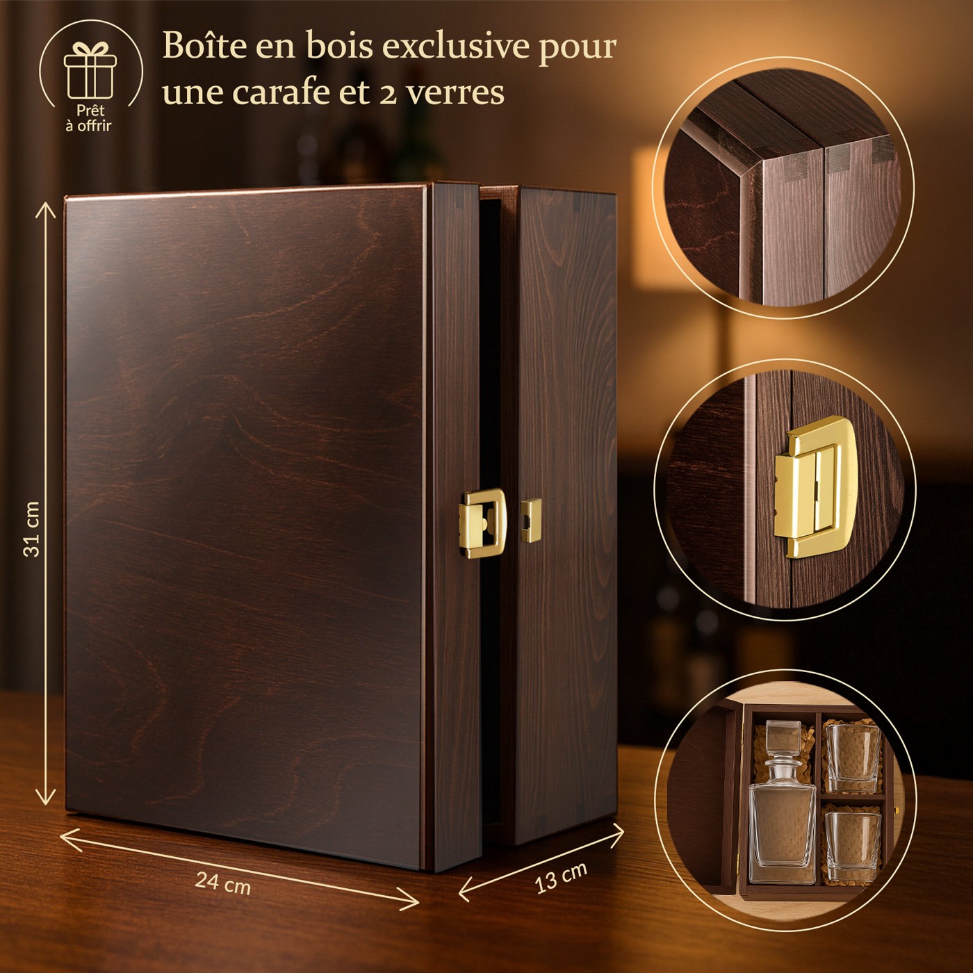 Caja de madera exclusiva Murrano para una jarra y 2 vasos + accesorio GRATIS