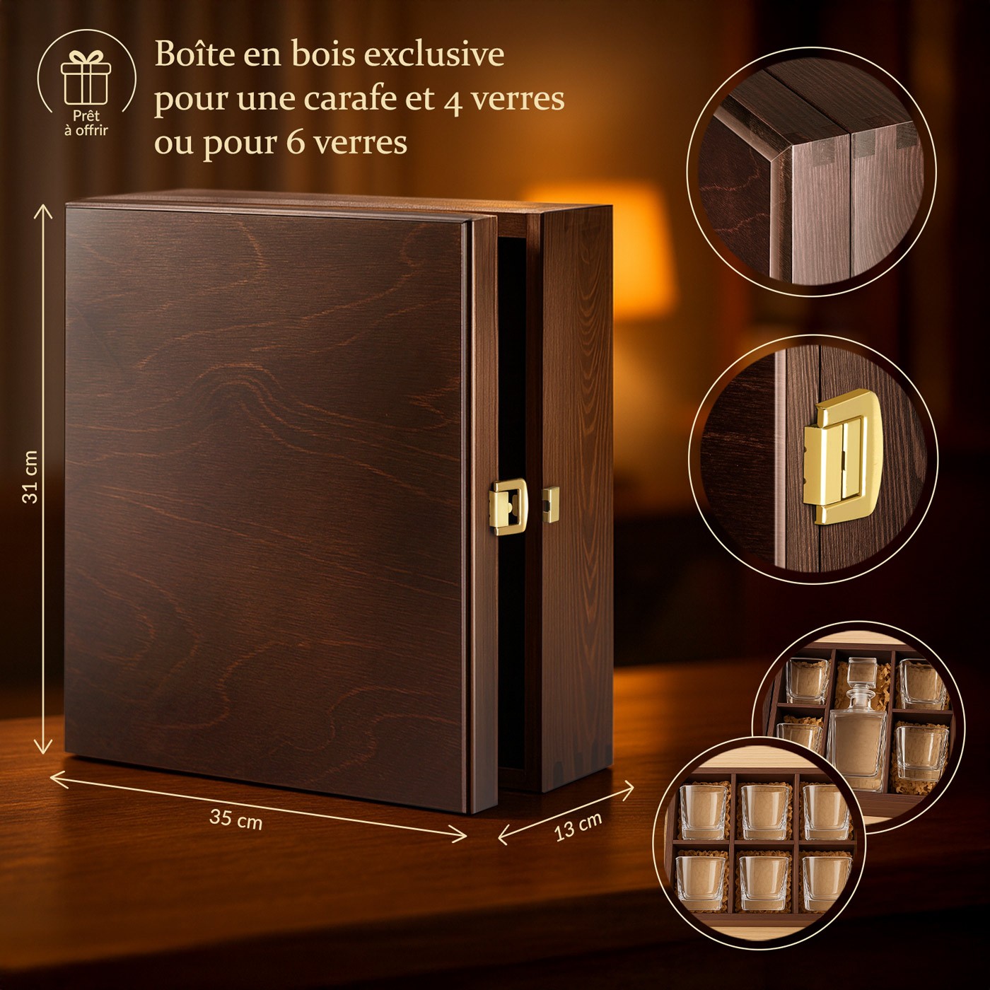 Murrano Exclusive Wooden Box for a Decanter and 4 Glasses or for 6 Glasses + FREE Accessory