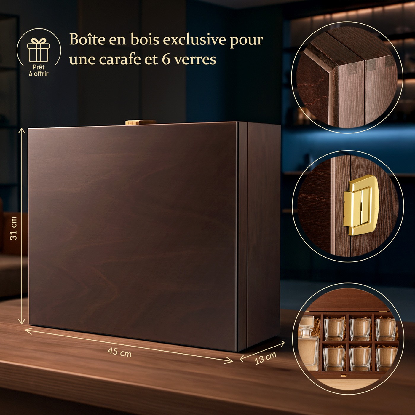Murrano Exclusive Wooden Box for a Pitcher and 6 Glasses + FREE Accessory