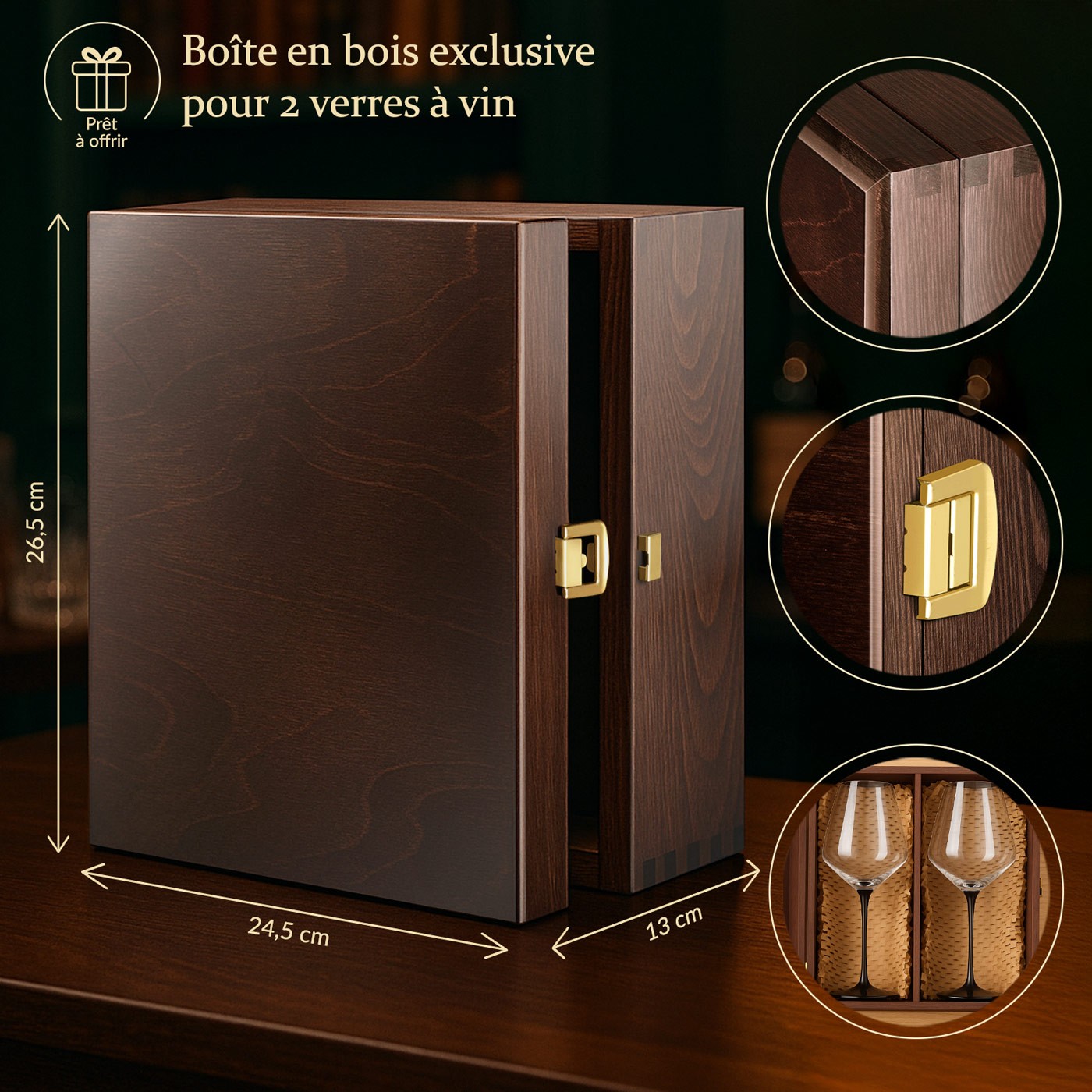Caja de madera Murrano exclusiva para 2 copas de vino + accesorio GRATIS
