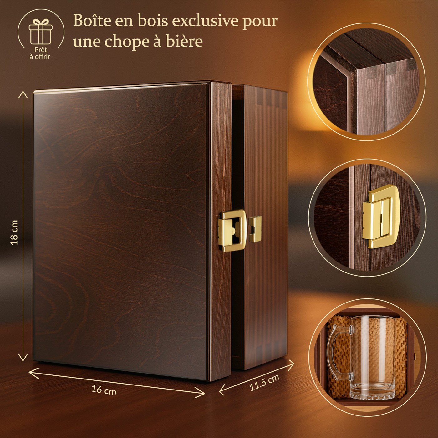 Caja de madera Murrano exclusiva para taza de cerveza + accesorio GRATIS