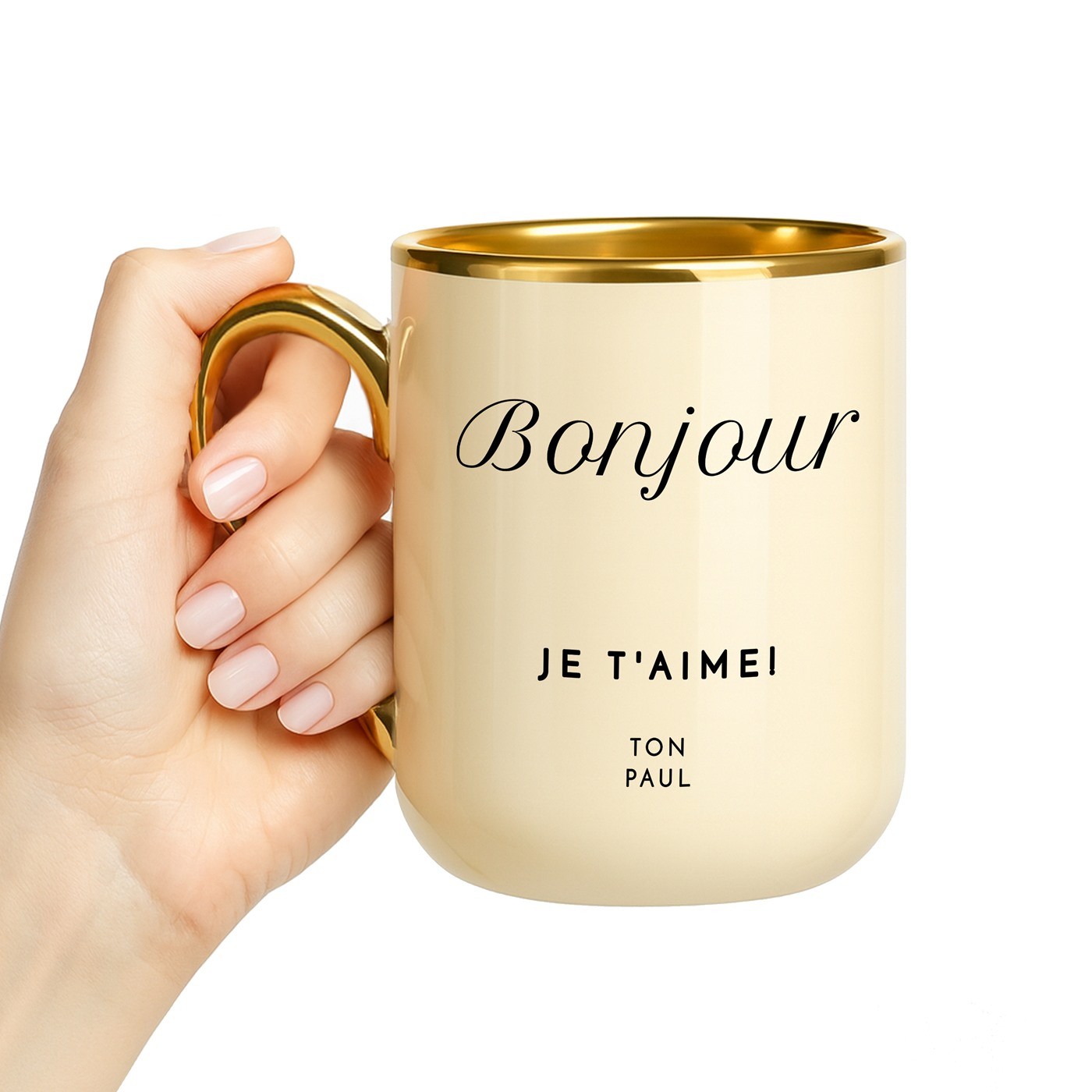 Taza de cerámica beige Murrano con borde y mango dorados para el aniversario de bodas de una esposa