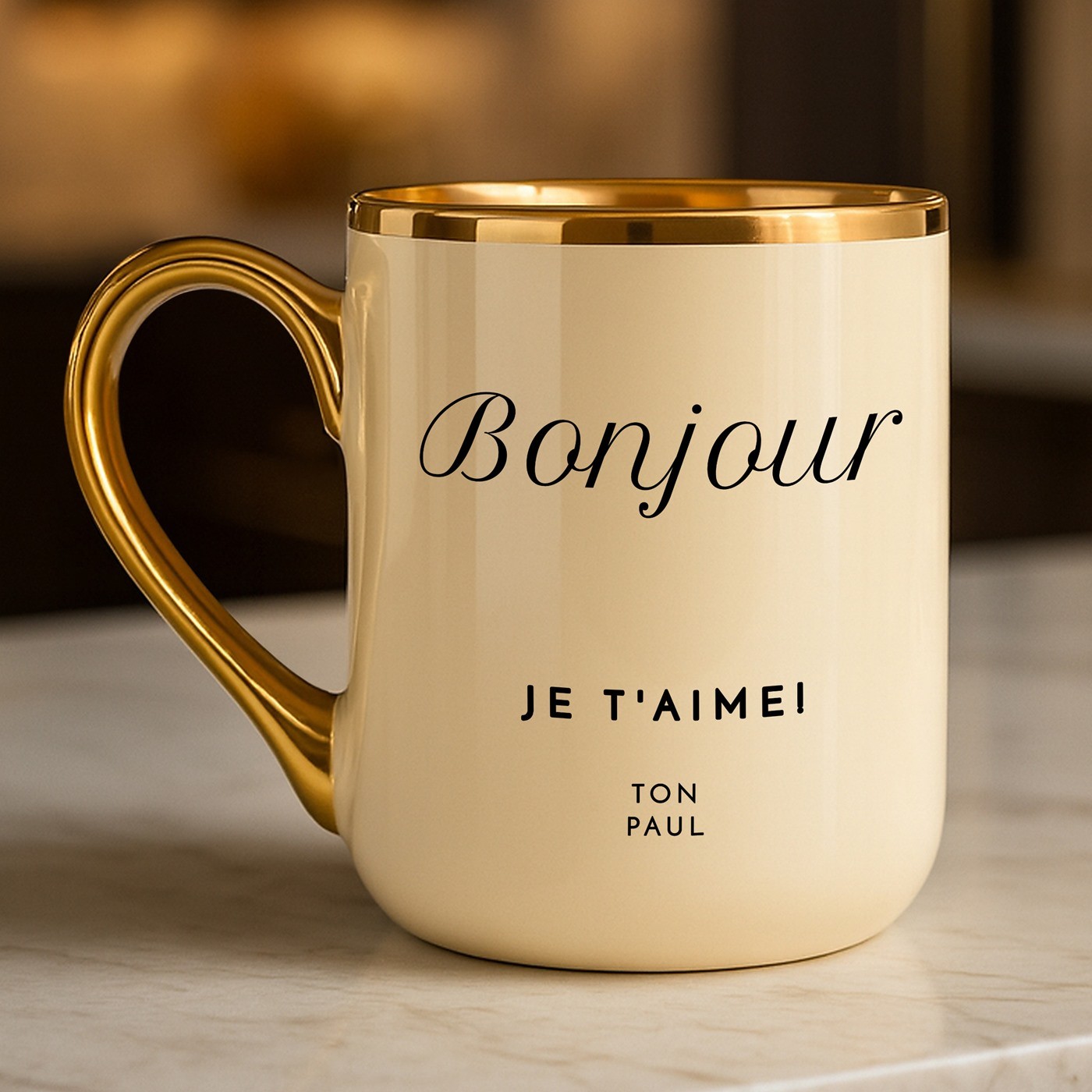 Taza de cerámica beige Murrano con borde y mango dorados para el aniversario de bodas de una esposa