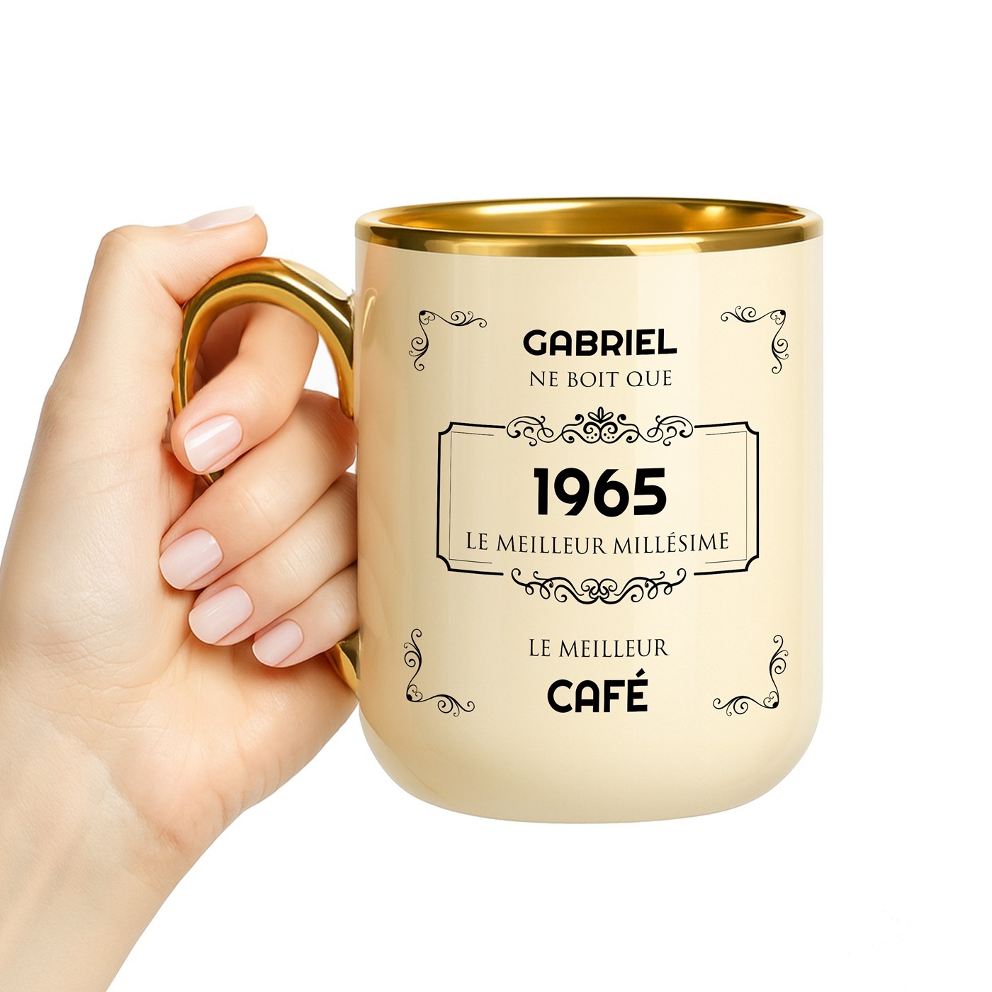 Mug de cerámica beige Murrano con borde y asa dorados para el cumpleaños de un amigo